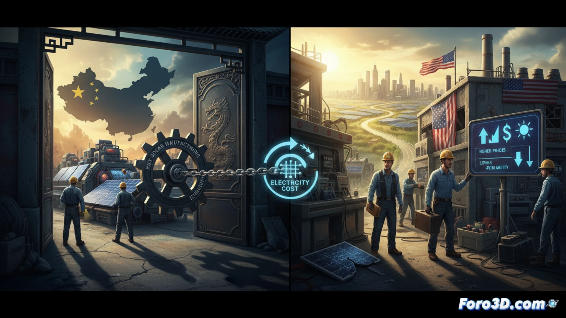 Una fábrica de paneles solares en EE.UU. con máquinas detenidas y un gráfico de precios en alza al fondo.