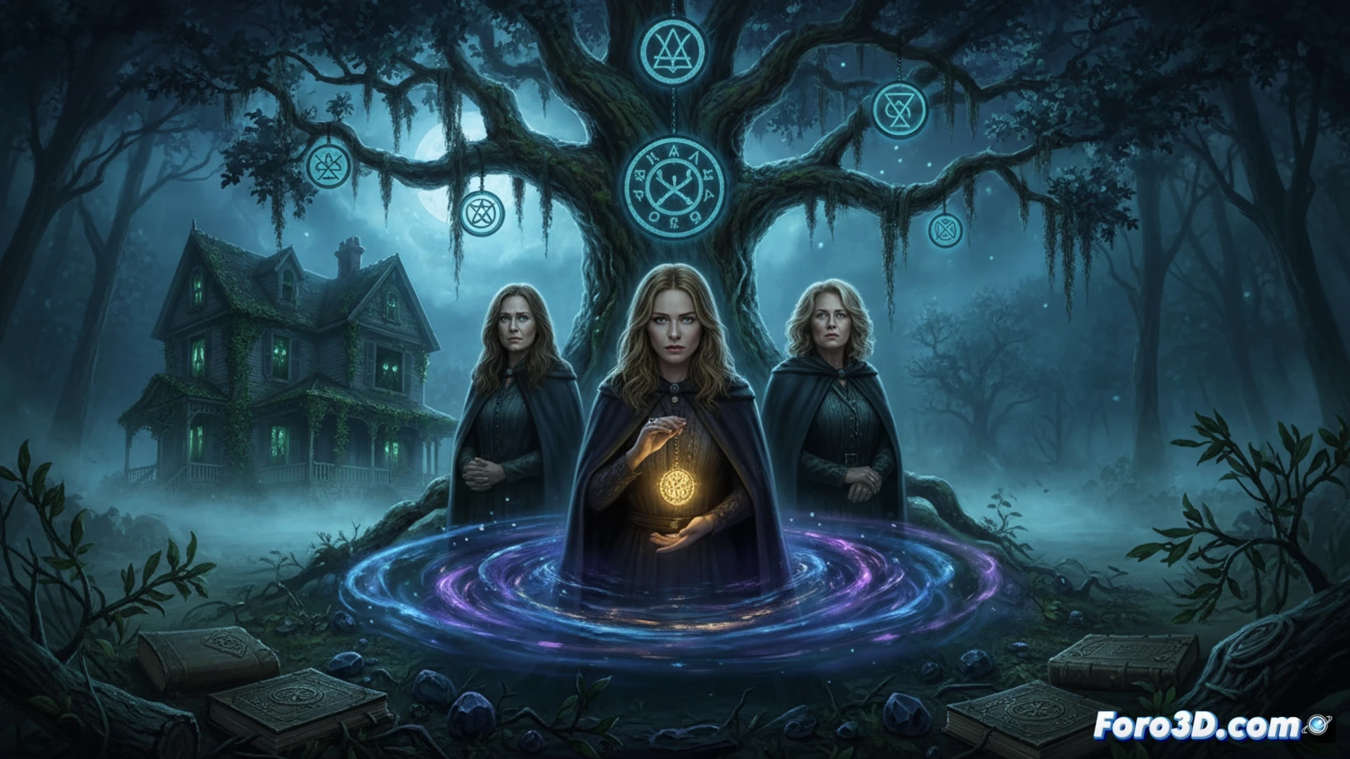 Dos hermanas abrazadas bajo un cielo tormentoso, con runas brillando en sus manos, enfrentan un destino sombrío.