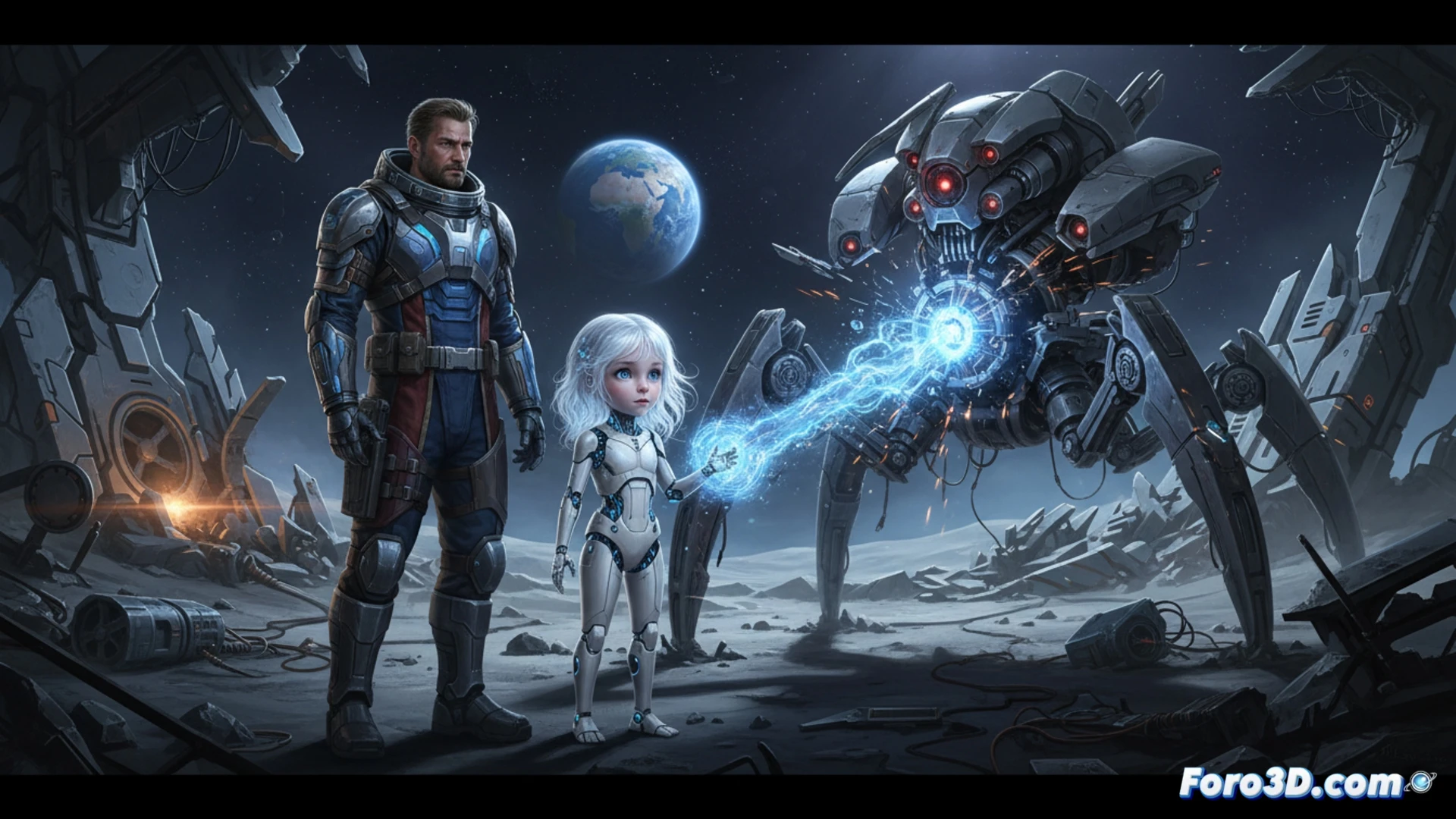 Un androide infantil llamado Pragmata sostiene la mano de Hugh Williams en la superficie lunar, con la torre de comunicaciones al fondo y robots enemigos acechando.