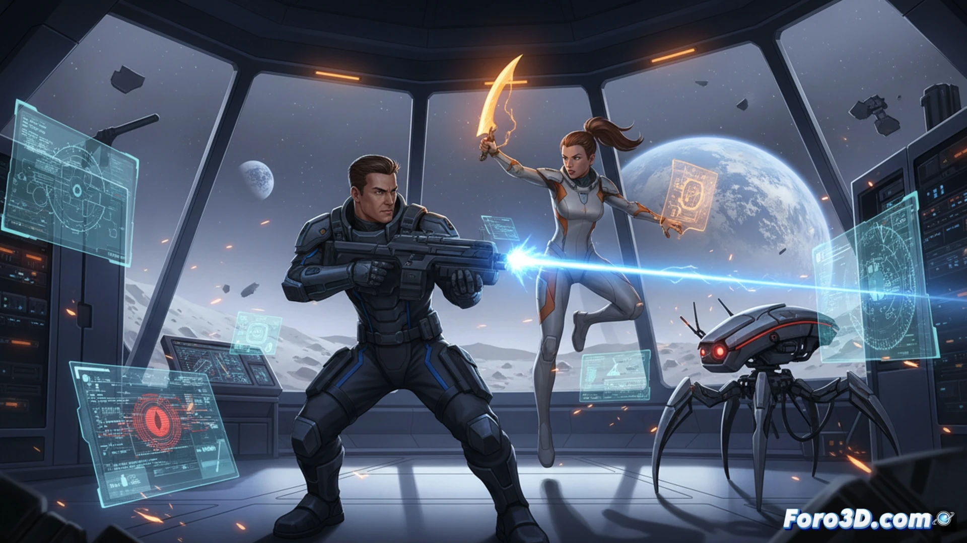 Dos héroes combaten androides mientras hackean paneles en una base lunar controlada por una IA hostil.