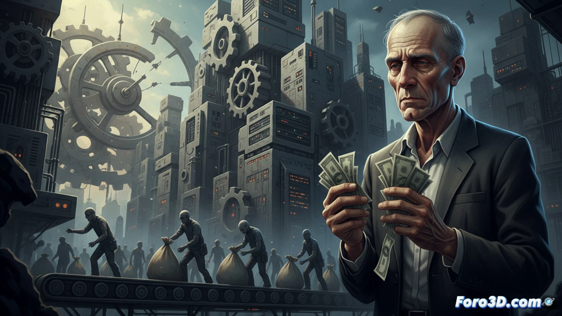 Una multitud con trajes y maletines, encadenada a gráficos de salarios descendentes y contratos precarios.