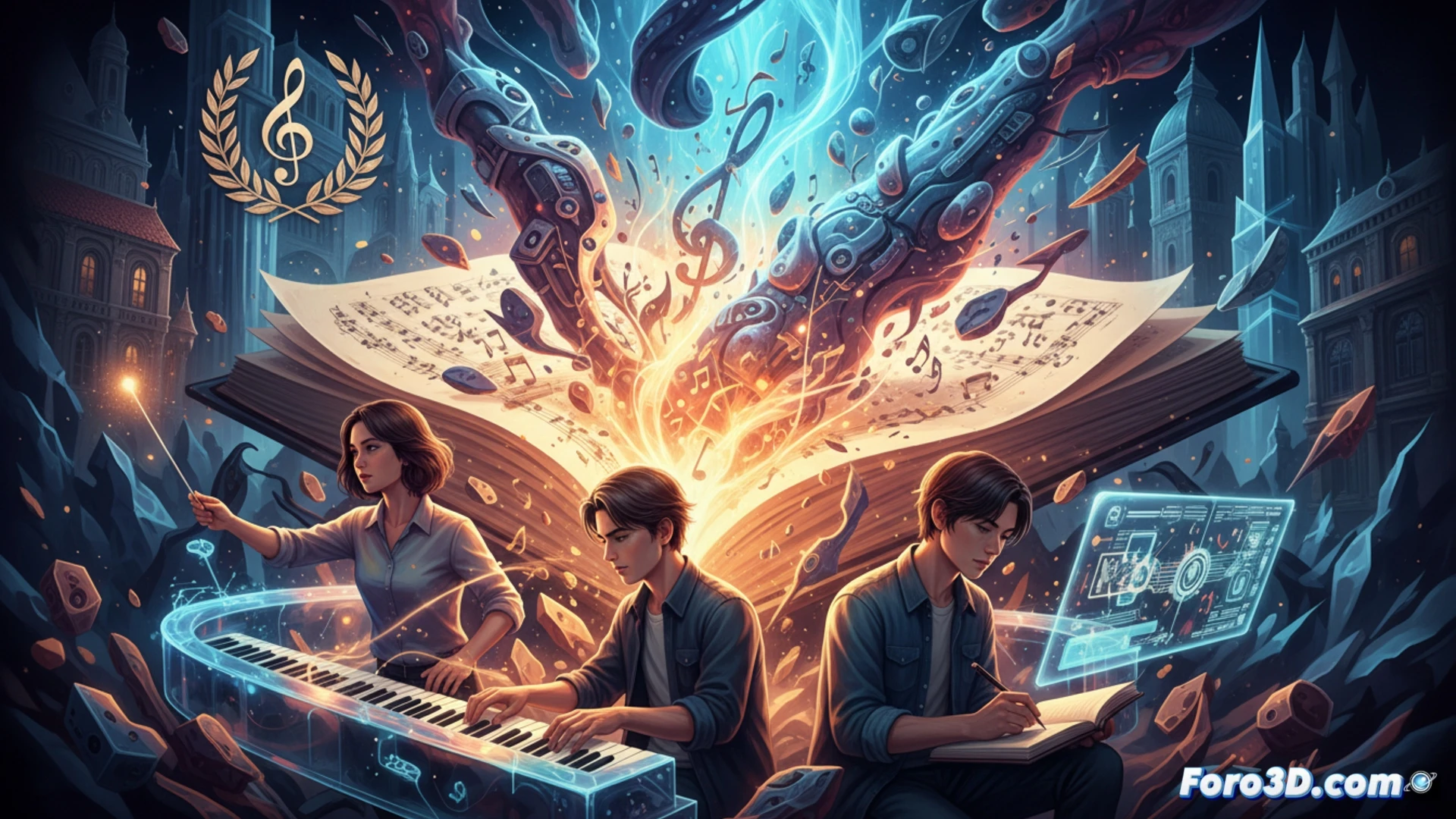 Una partitura moderna sobre un fondo azul, con el logo SGAE y un gran sello que dice 'Premio Jóvenes Compositores 2026'.