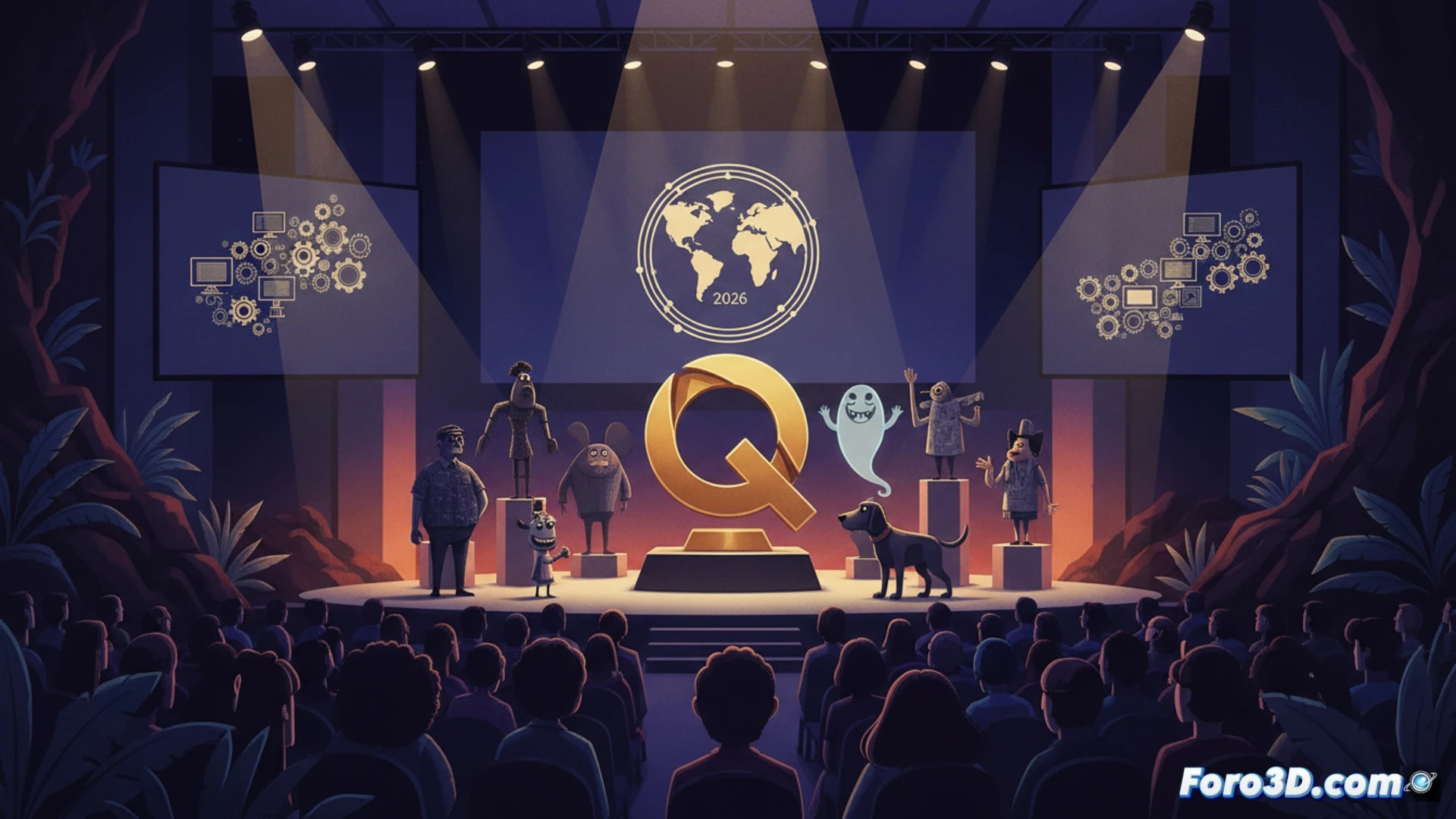 Una estatuilla Quirino junto a un fotograma de 'Decorado' y banderas de España, Colombia y Portugal.