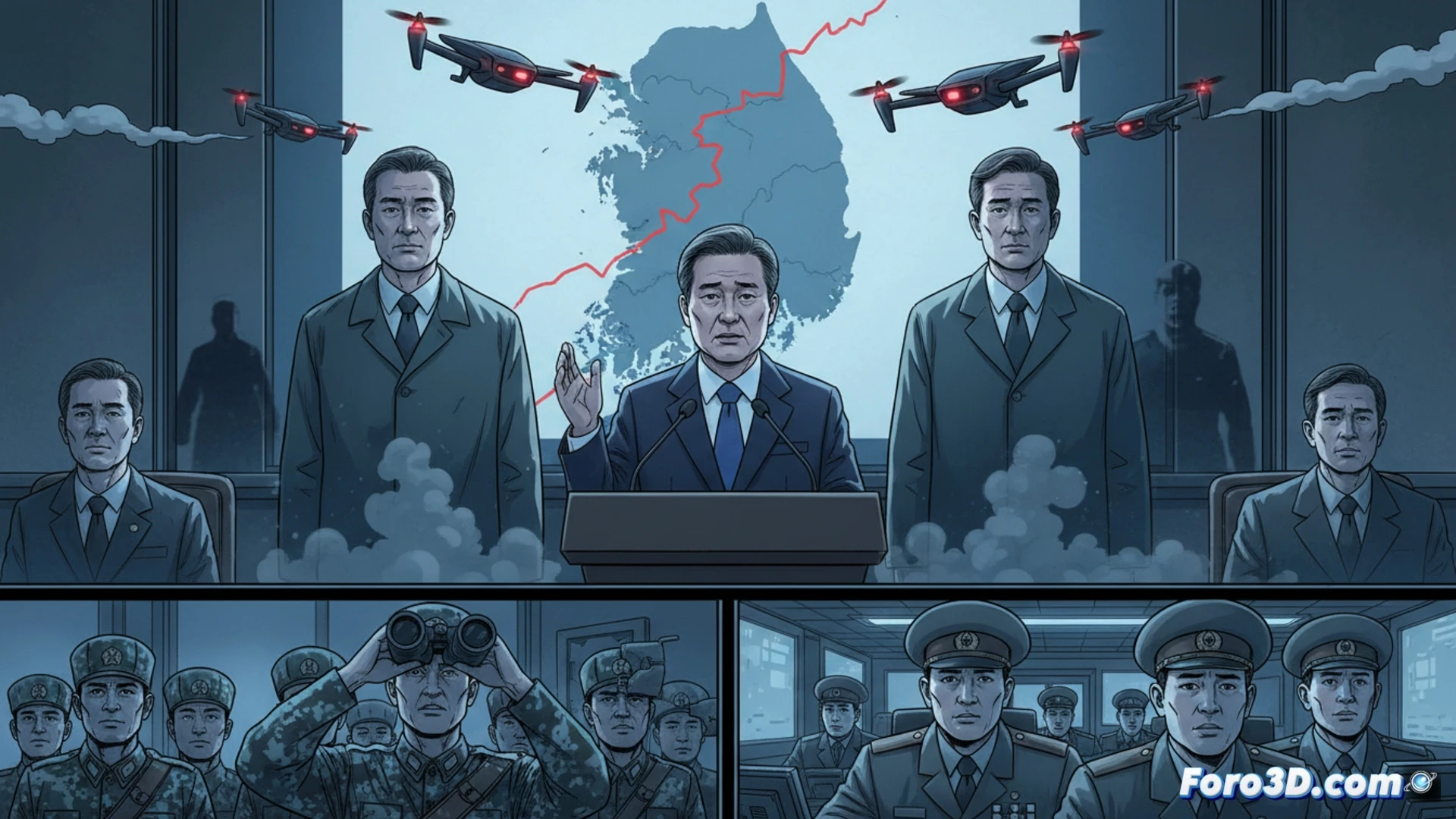 Imagen del presidente Lee Jae Myung en rueda de prensa, con gesto serio y una pantalla de fondo mostrando drones y la frontera coreana.