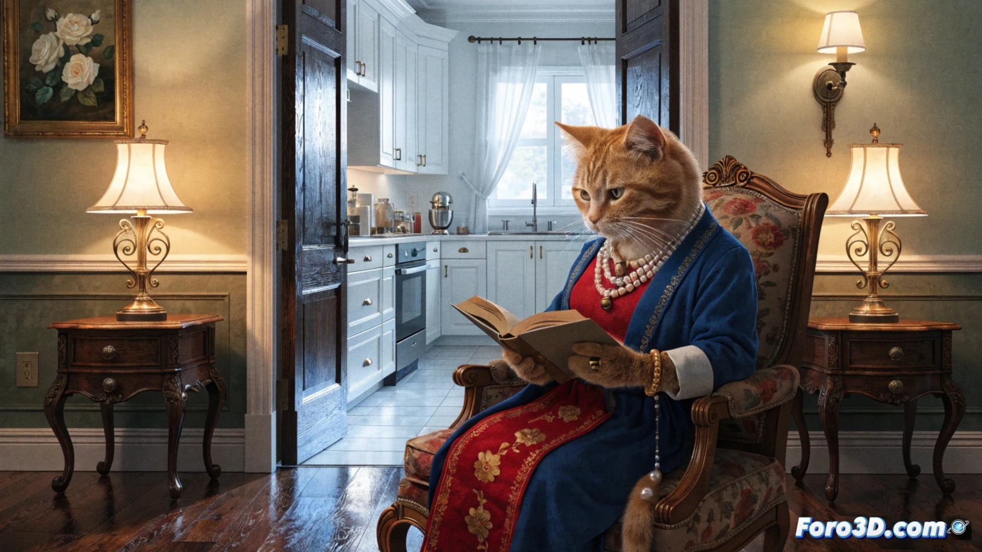 Un gato naranja, Kevin, mira con desdén a sus dueños desde la puerta abierta, con una maleta miniatura en una pata.