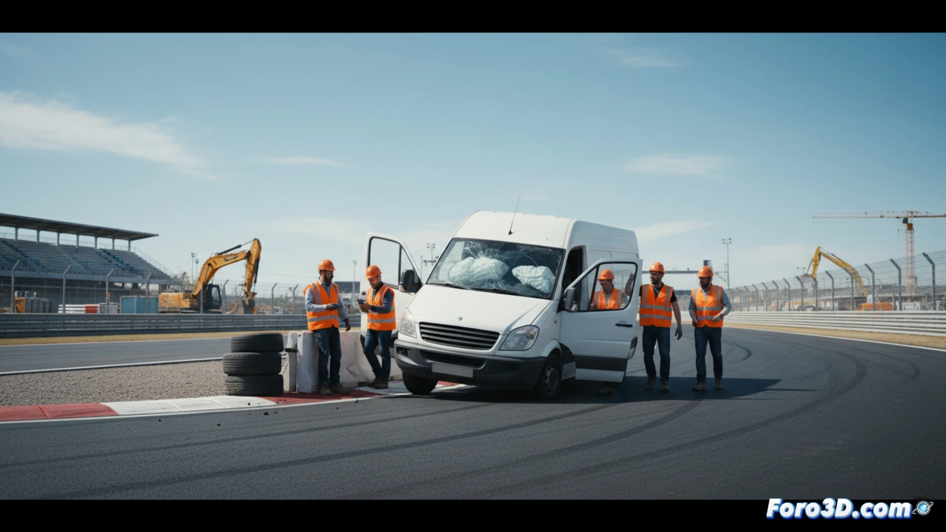 Una furgoneta de obra accidentada en el nuevo circuito urbano de F1 de Madrid, con los airbags desplegados tras salir en una curva.