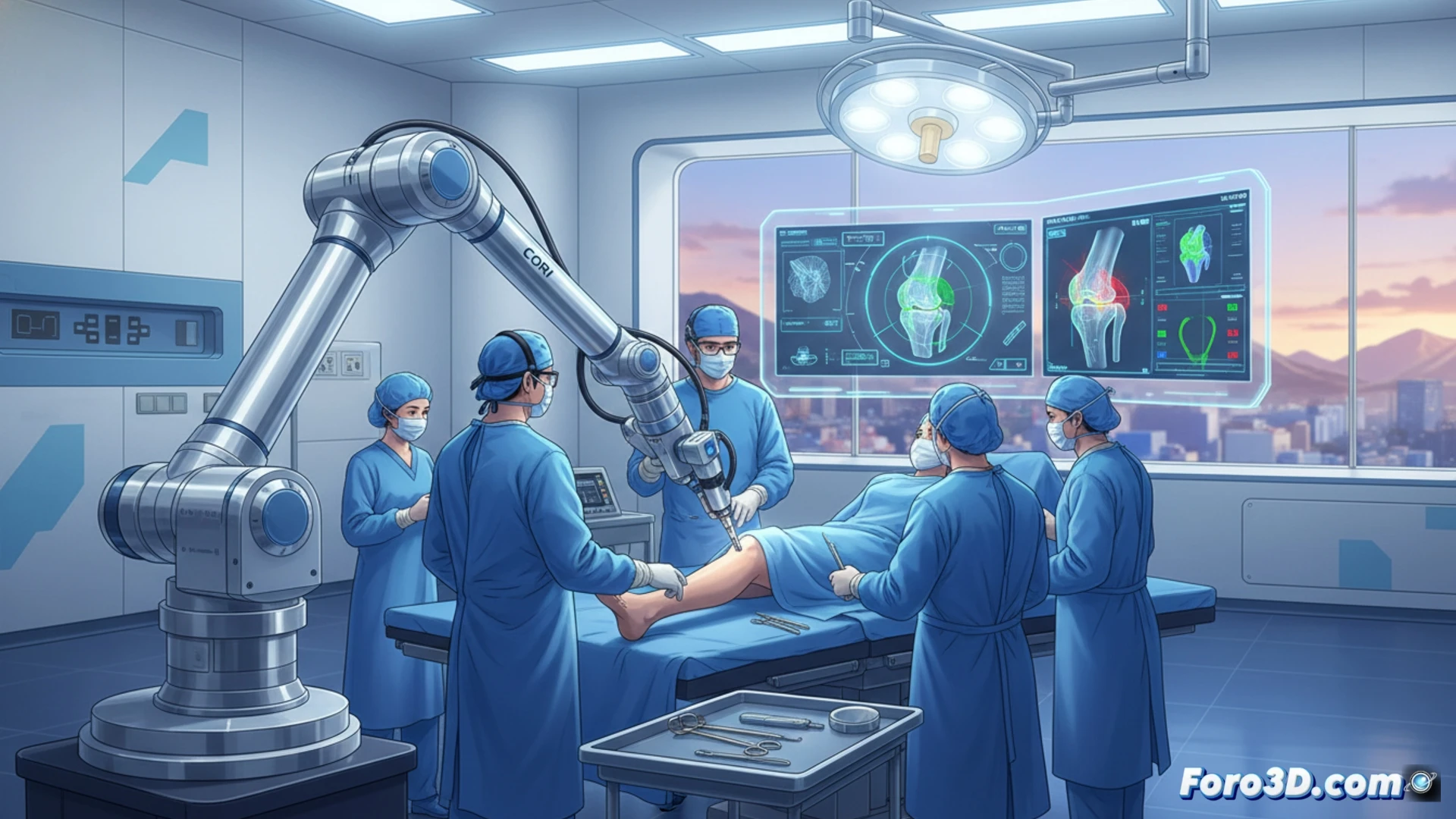 Un cirujano guía el brazo robótico sobre una rodilla, con un modelo 3D del hueso y el implante proyectado en una pantalla de fondo.