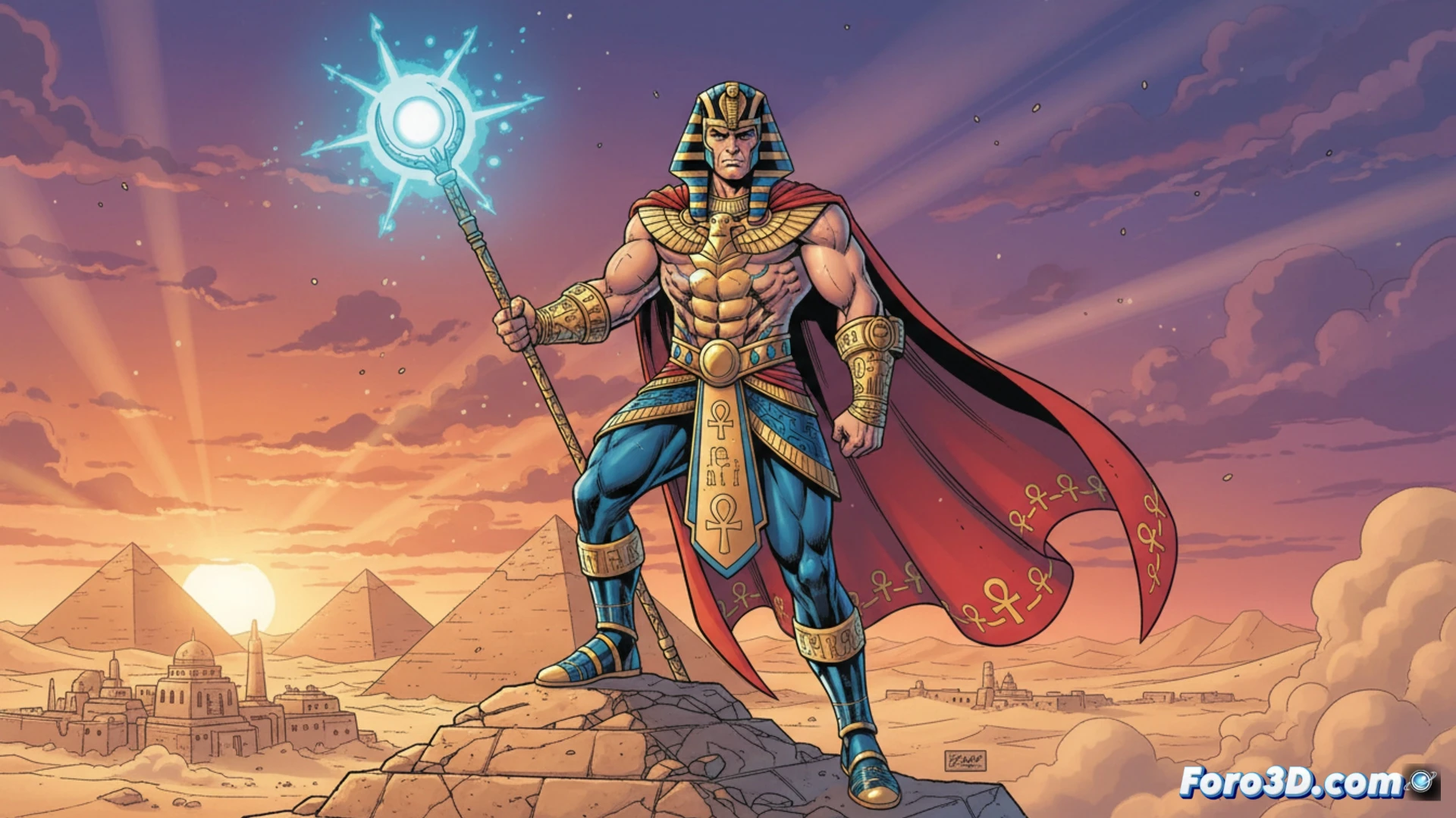 Un príncipe de la India con túnica blanca, lanzando energía mística contra un enemigo en un cómic de los años 40.