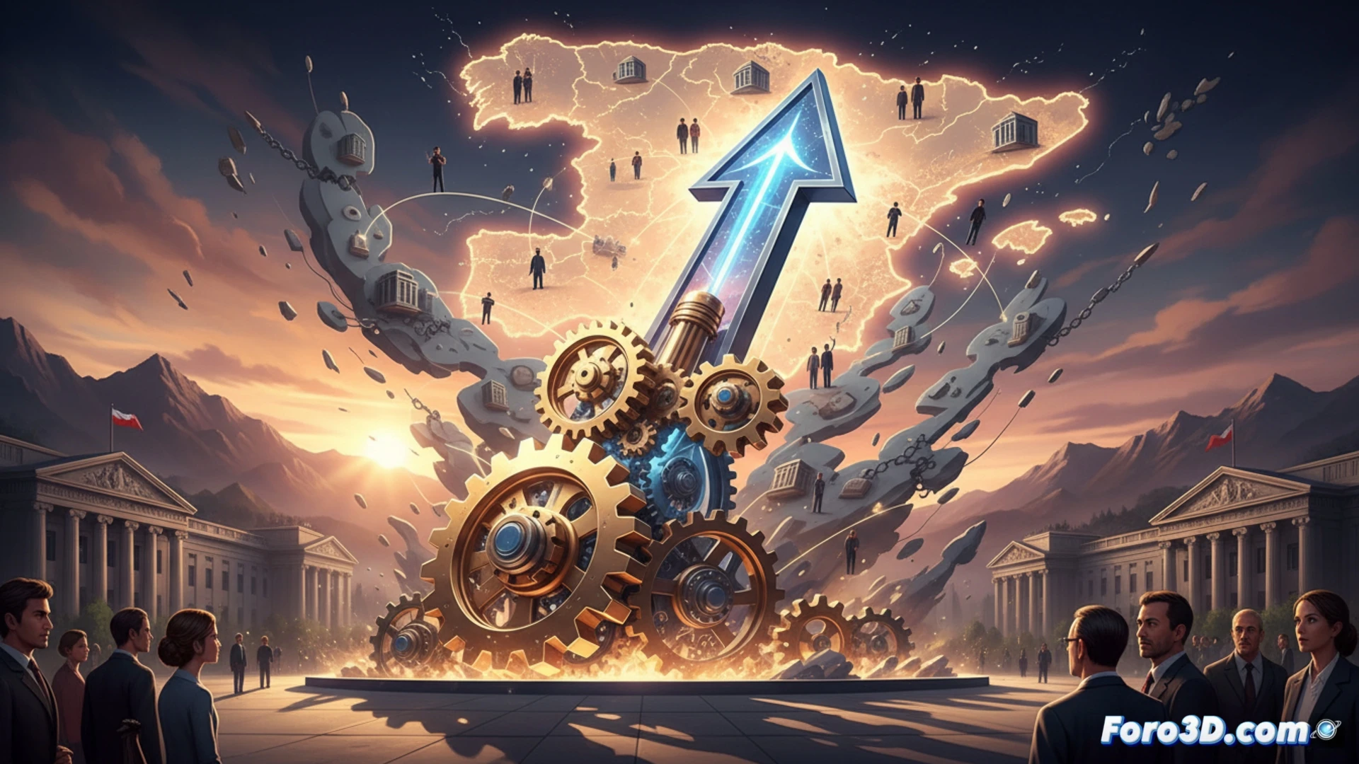 Una fila de personas avanza hacia un letrero con 'Prioridad Nacional', mientras otra fila, etiquetada 'Proyectos Estratégicos', se desvía sin debate hacia un camino aparte.