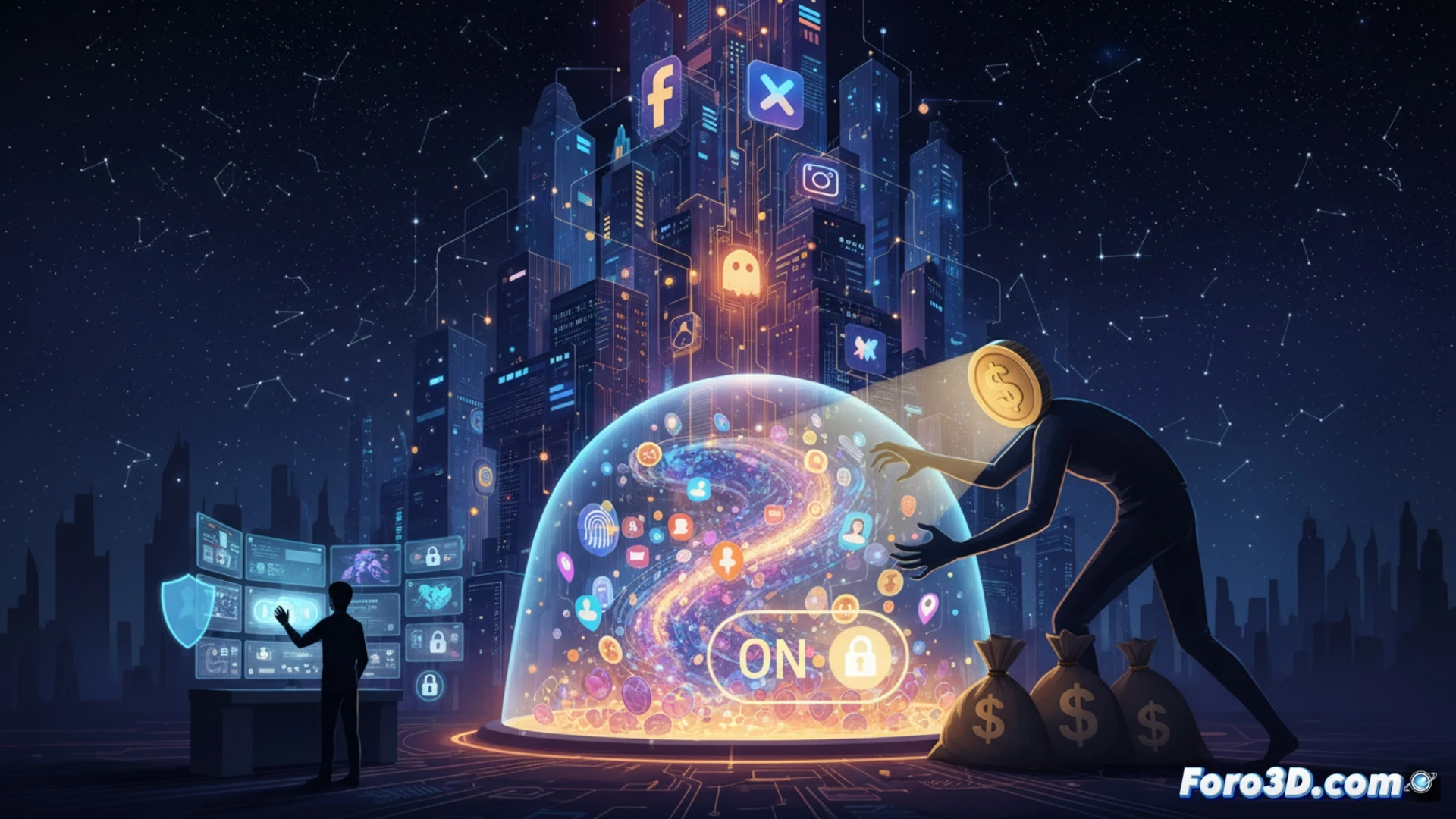 Una persona revisando con lupa los complejos ajustes de privacidad en la pantalla de una red social.