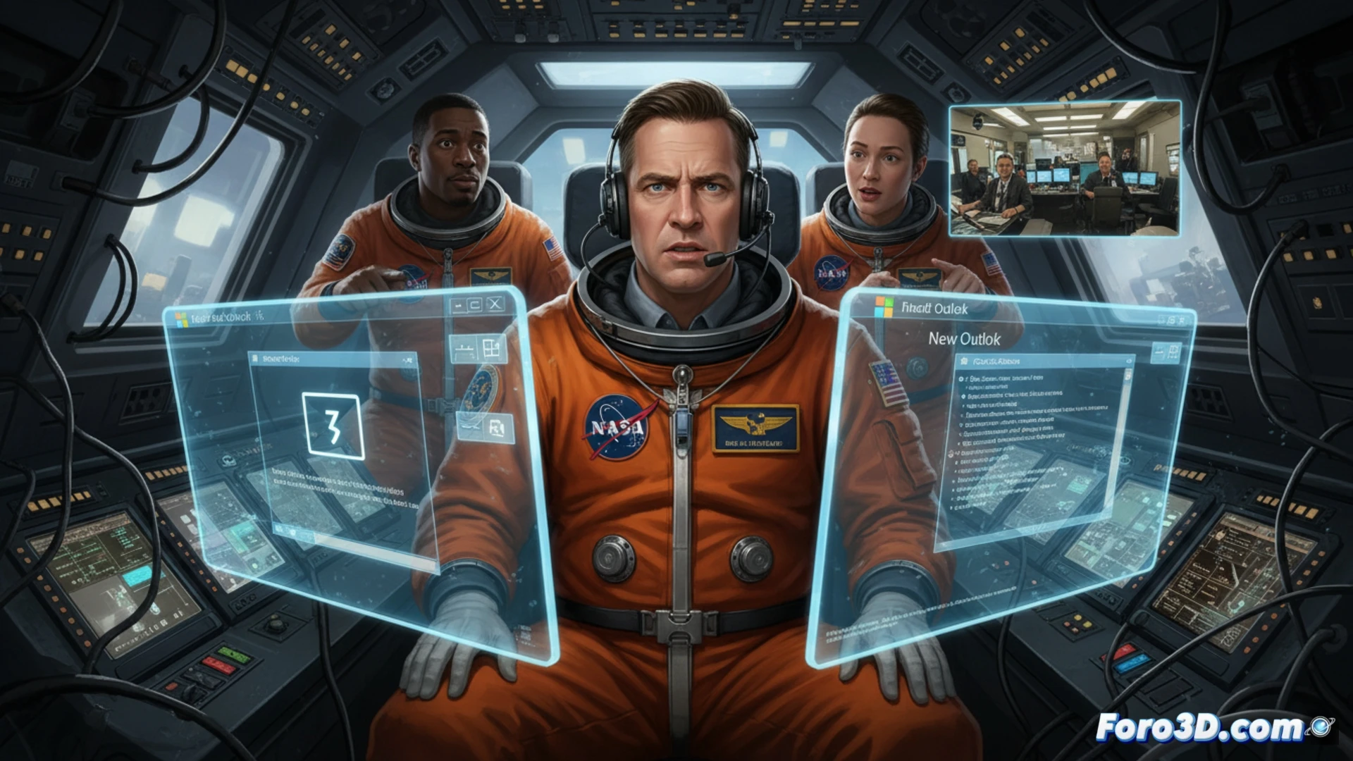 Astronauta en la cápsula Orión, frente a una pantalla con el error de Outlook, mientras consulta por radio al Control de Misión en Tierra.