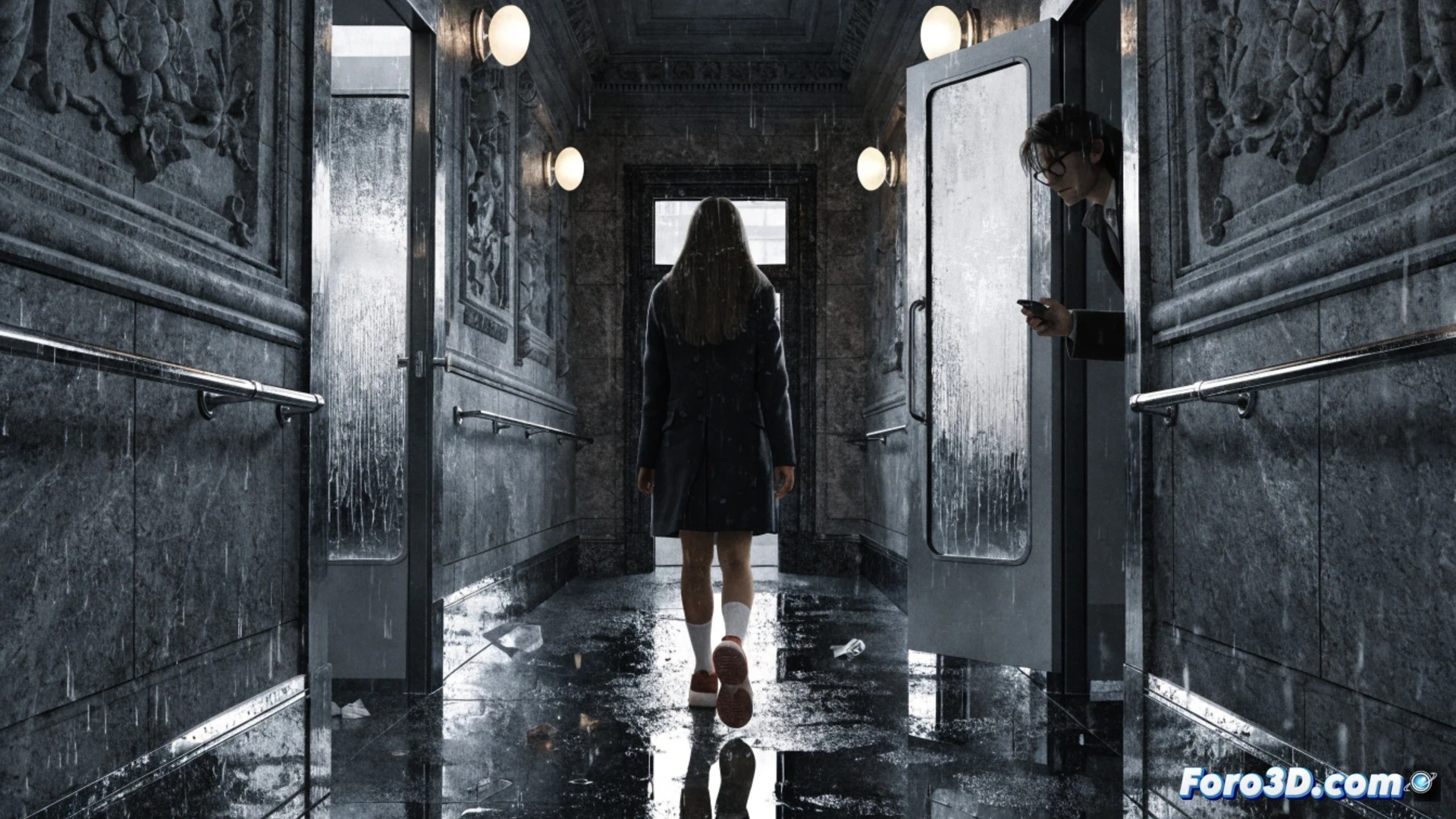 Un profesor sentado en el banquillo, con la mirada baja, frente a un juez. Al fondo, siluetas borrosas de mujeres representando a las víctimas.