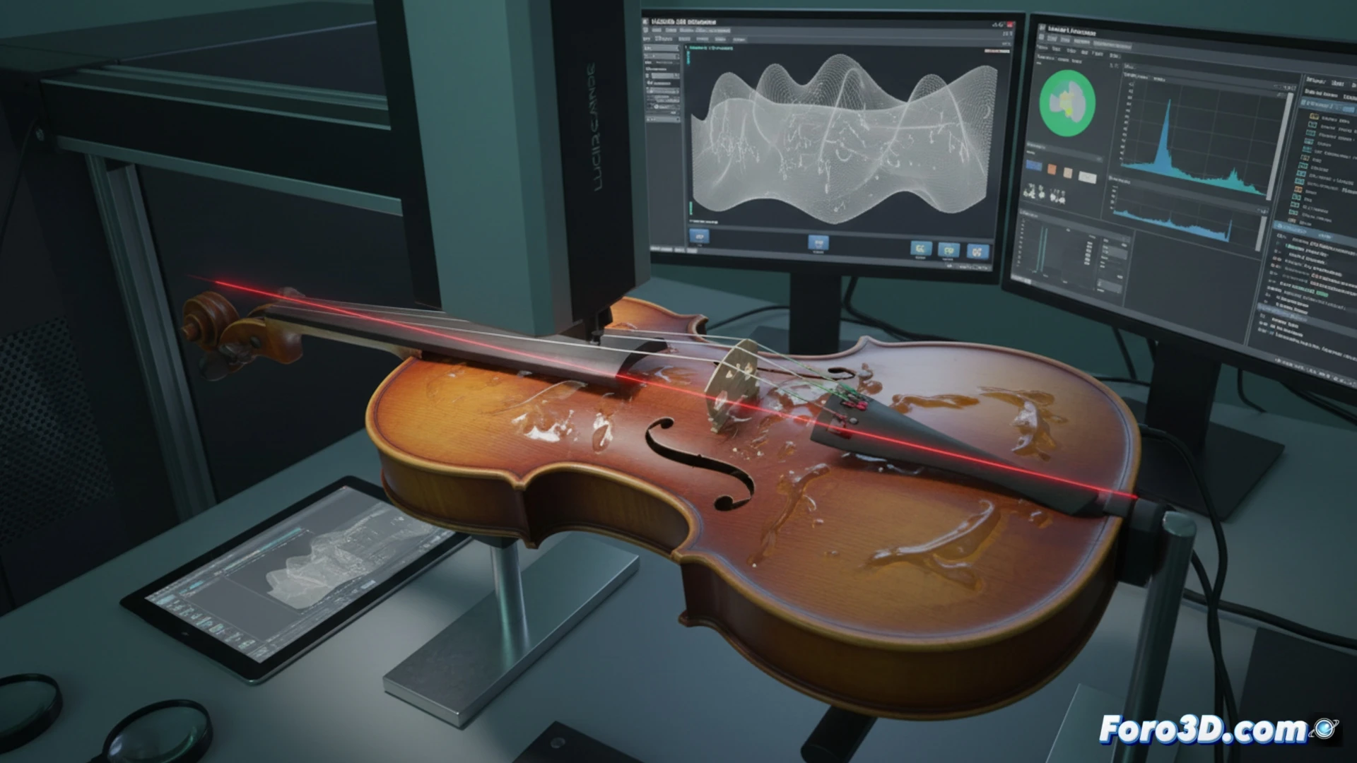 Escáner 3D analizando microgeometría de barniz en violín antiguo para autenticación forense