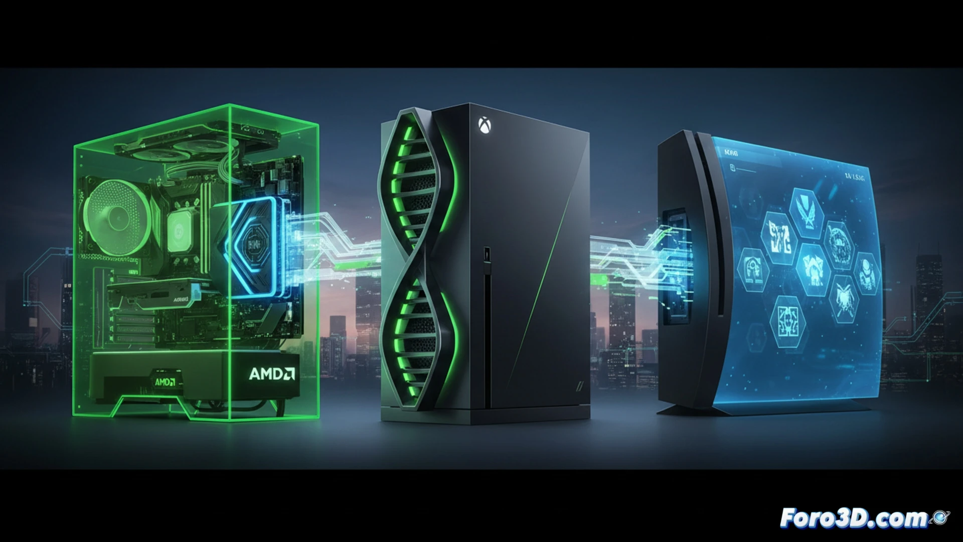 Una consola Xbox y una PC comparten una misma tarjeta gráfica estándar, simbolizando la unificación de sus ecosistemas.