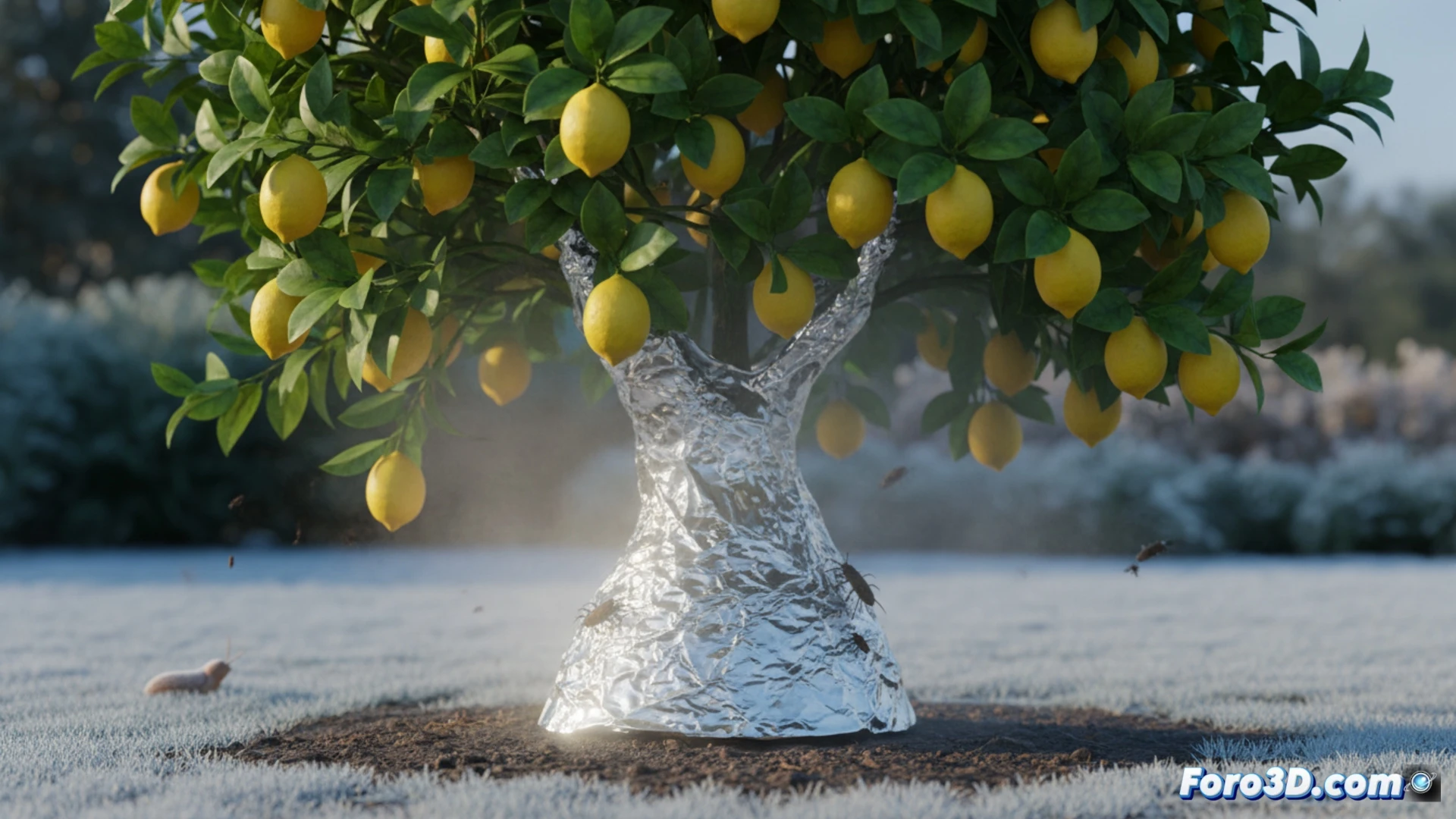 Modelado 3D de limonero con tronco envuelto en papel aluminio para protección agrícola