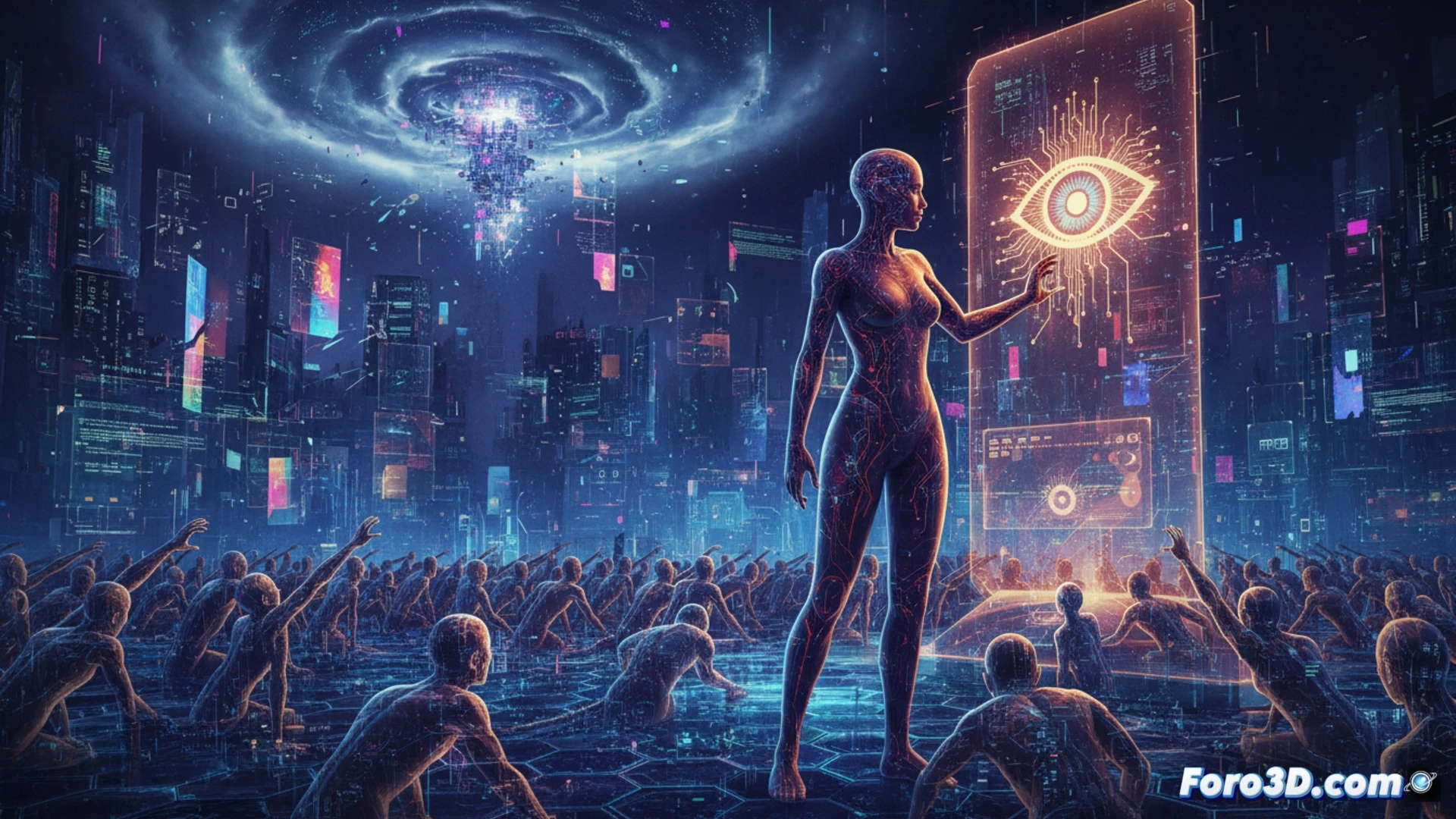 Descripción: Un paisaje digital abstracto con Santana, una copia humana pixelada, enfrentando a Mesa, una IA con forma de ojo mecánico, en un conflicto existencial.