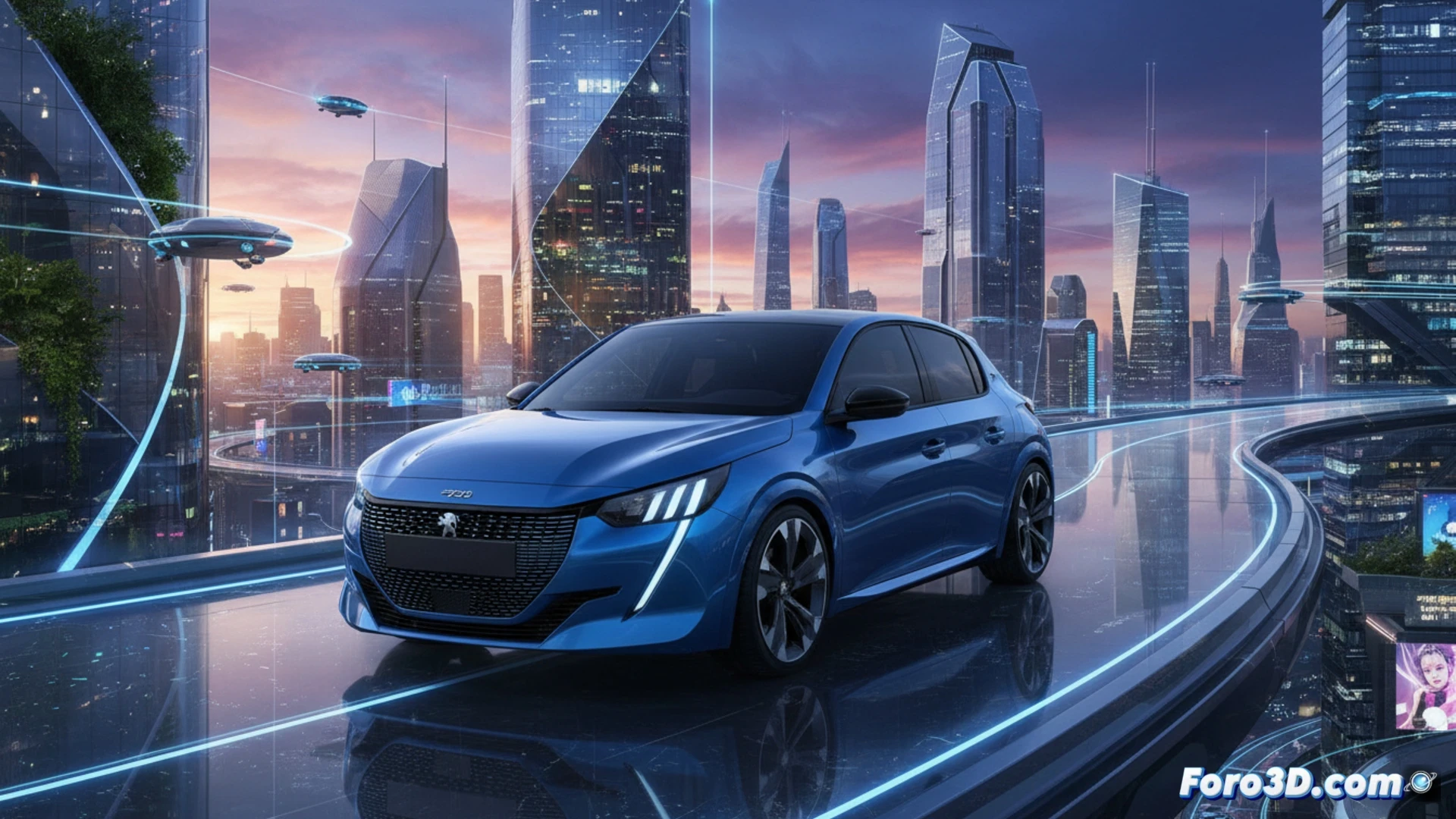 Un Peugeot 208 eléctrico futurista, brillante, sobre fondo tecnológico y la fecha 2027 destacada.