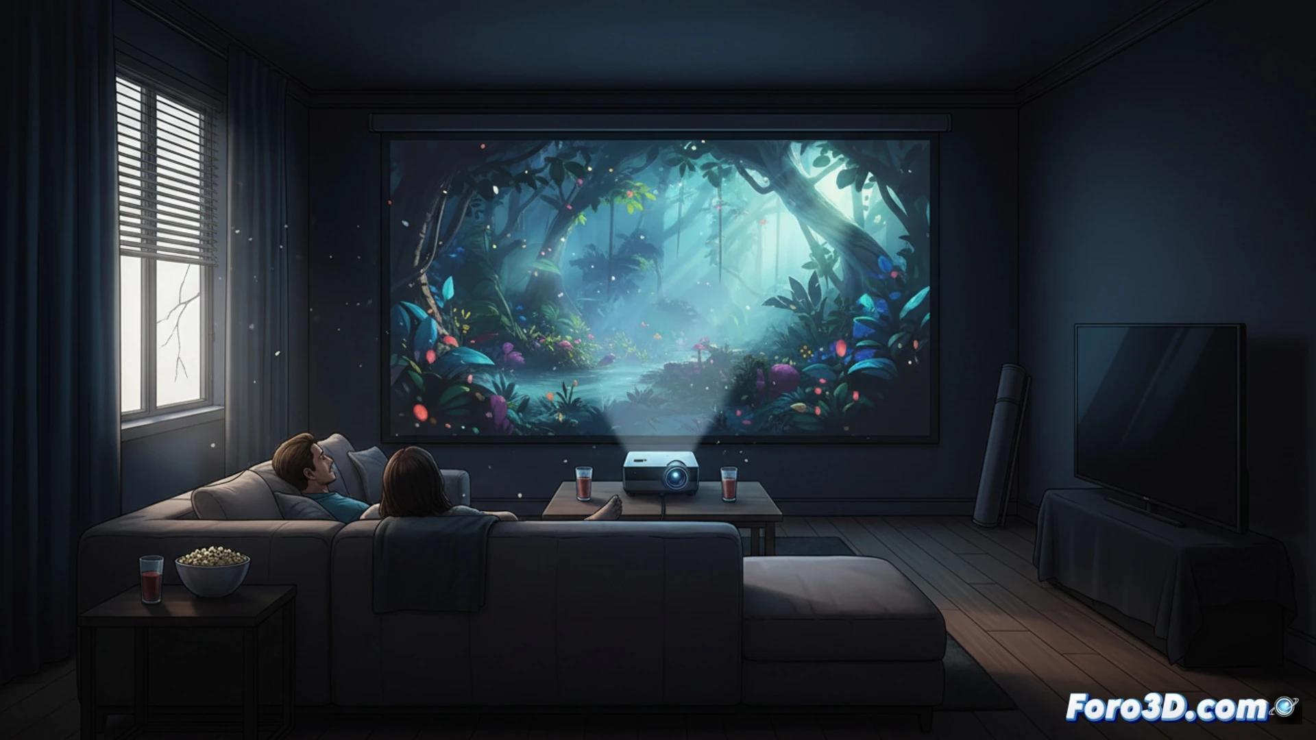 Dos hombres comparan un proyector de cine en casa con pantalla gigante y un televisor 4K en un salón moderno.