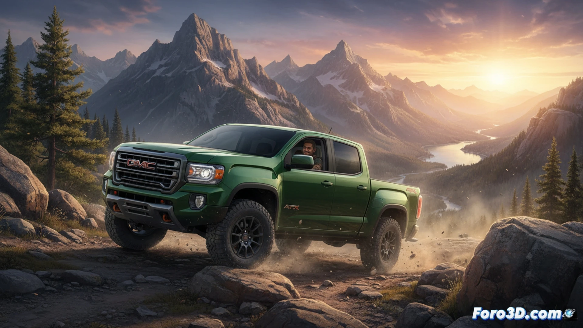 Un GMC Canyon AT4X 2026 avanza por un sendero rocoso y remoto, rodeado de montañas y naturaleza virgen.