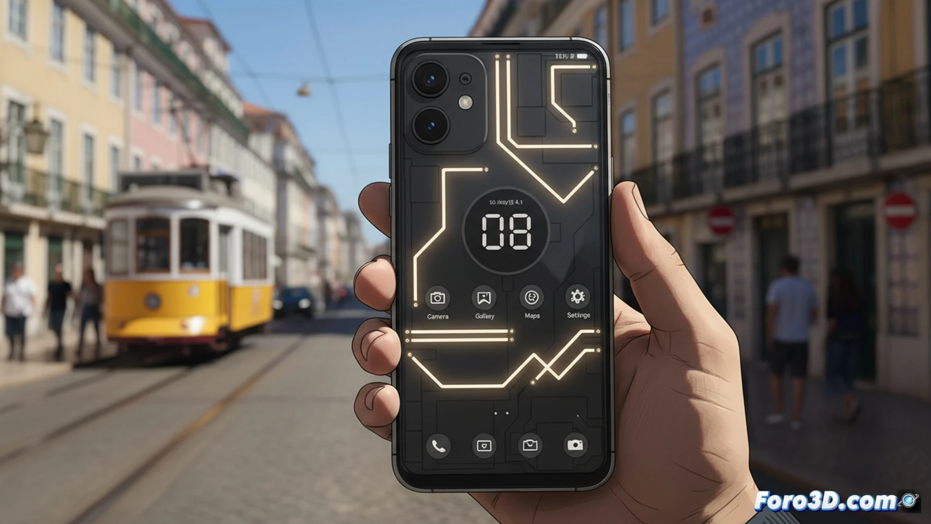 Un teléfono con diseño distintivo y su sistema operativo, siendo usado en una calle adoquinada y soleada de Lisboa.