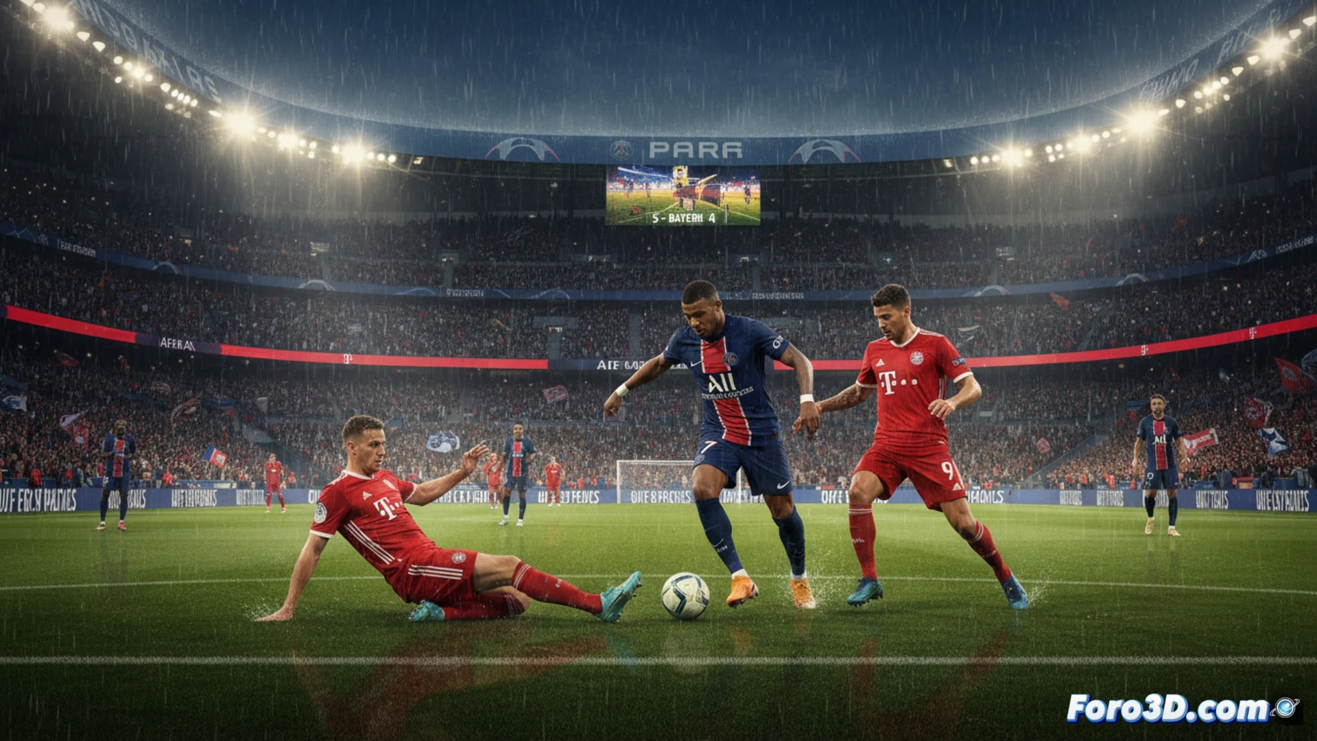 DESCRIPCIÓN: Celebración intensa en el Parque de los Príncipes: jugadores del PSG abrazados, marcador 5-4, y afición al fondo con bufandas alzadas.