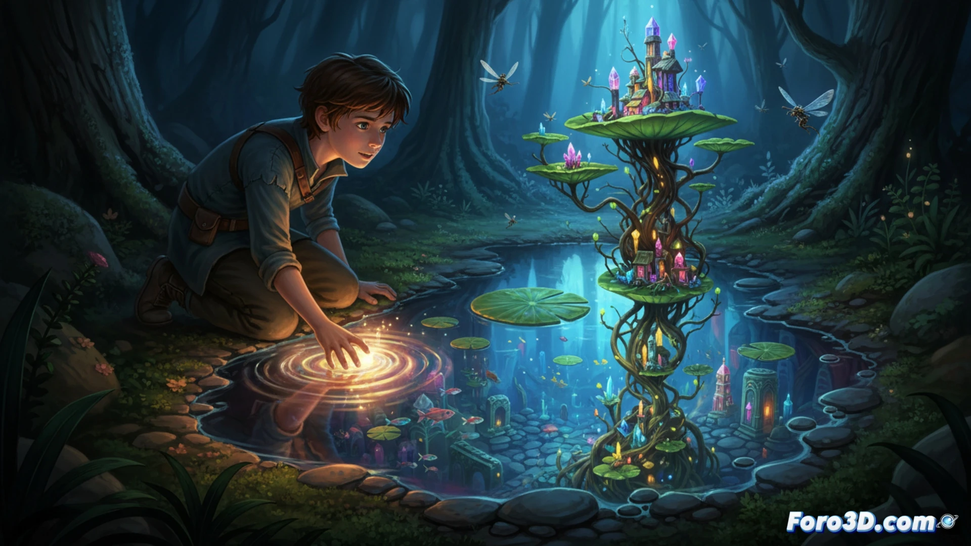 Un niño observa un charco que refleja un reino mágico oculto bajo el agua urbana.