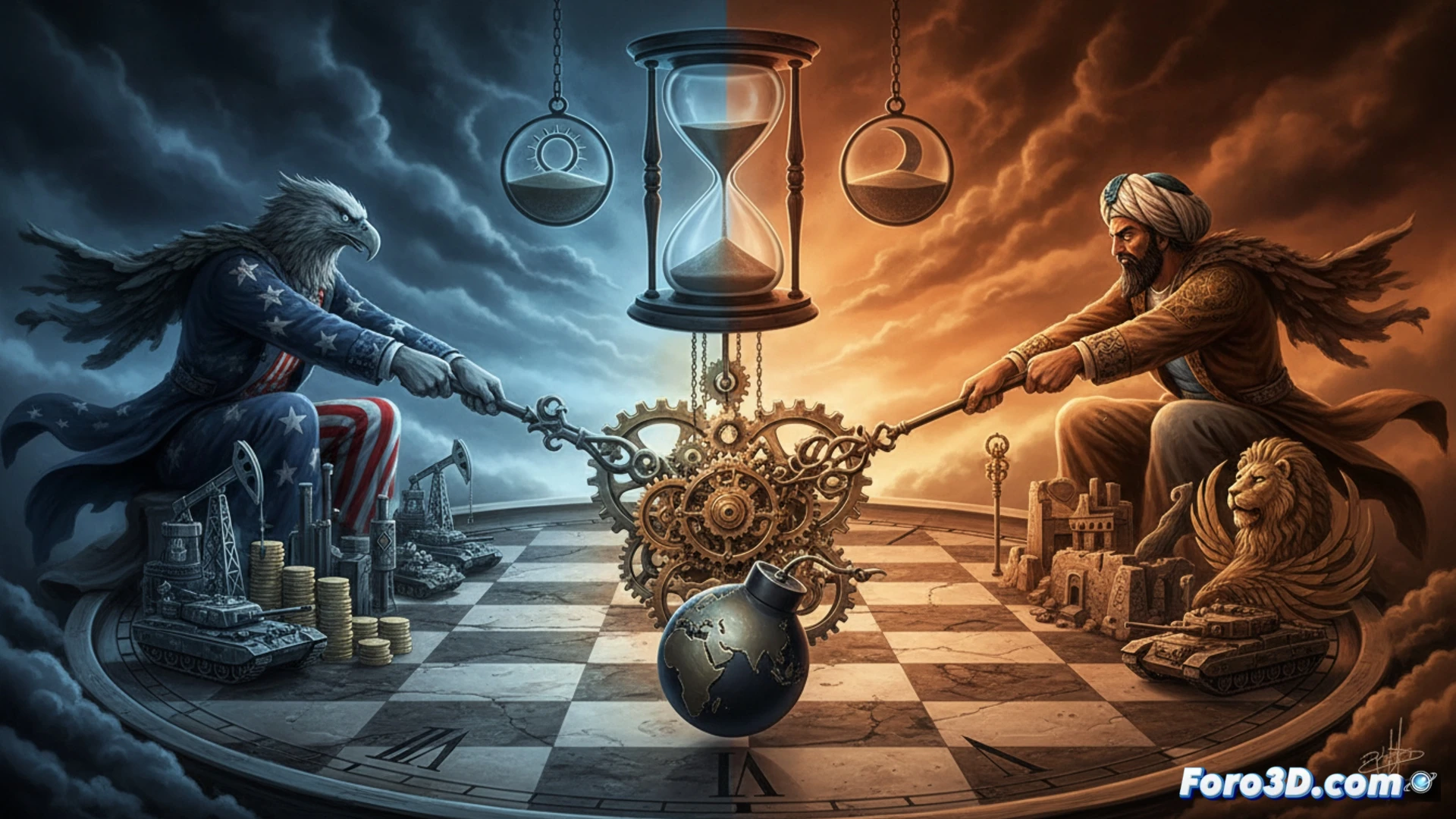 Dos manos enguantadas, una con bandera de EE.UU. y otra iraní, sostienen un reloj de arena sobre un mapa de Oriente Próximo. Arena cayendo. Tensión.