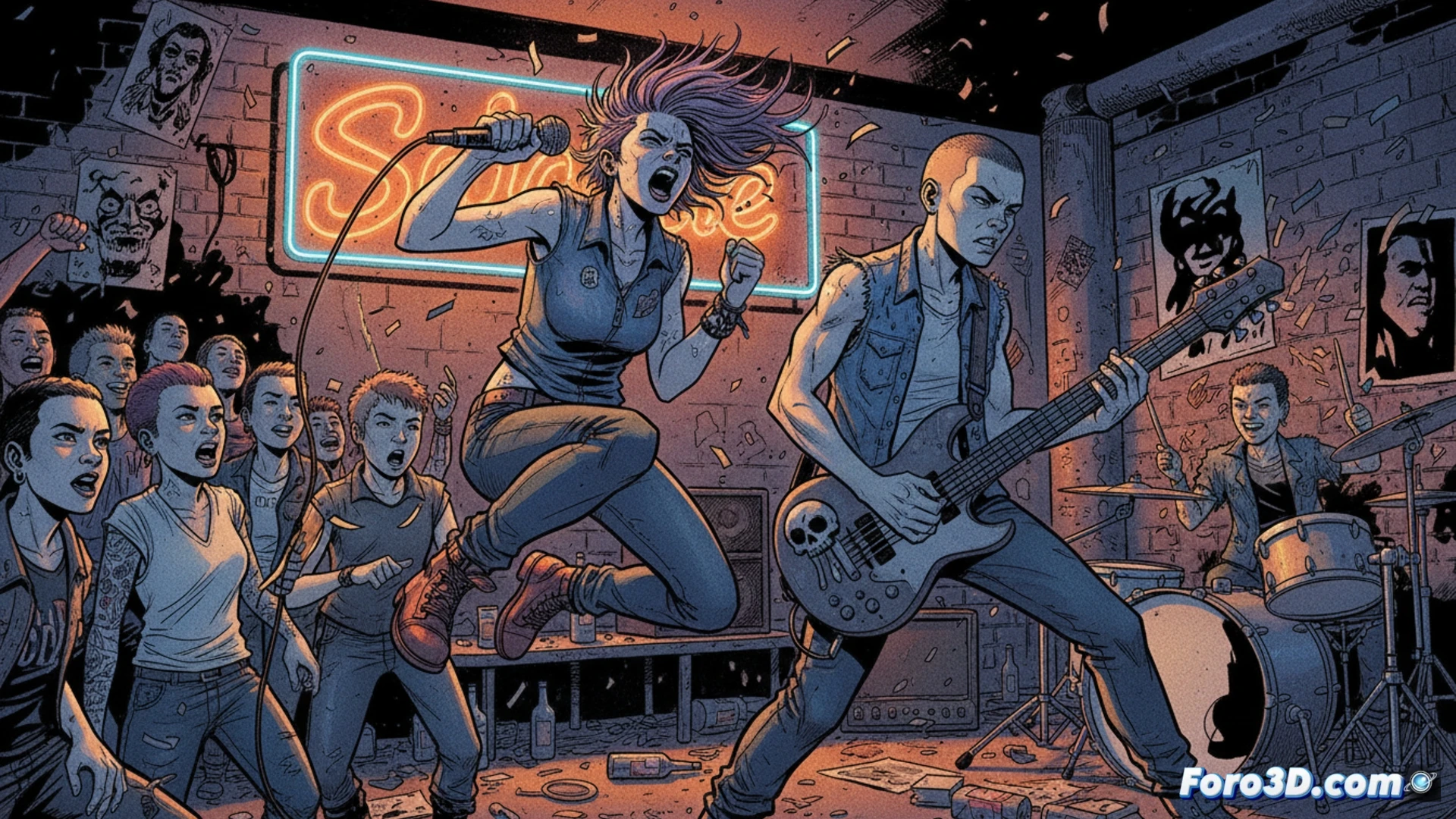 Una viñeta vibrante muestra a un grupo diverso de jóvenes punks en Los Ángeles, entre carteles de conciertos y guitarras, capturando su energía caótica y búsqueda de identidad.