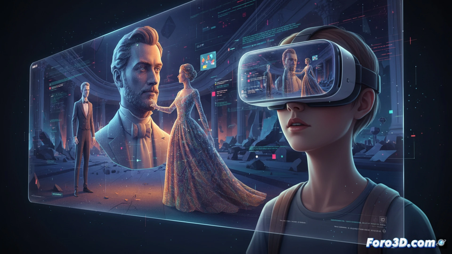 Una figura espectral de Oneguin en un salón aristocrático decadente, modelado en 3D, con elementos digitales flotando a su alrededor.