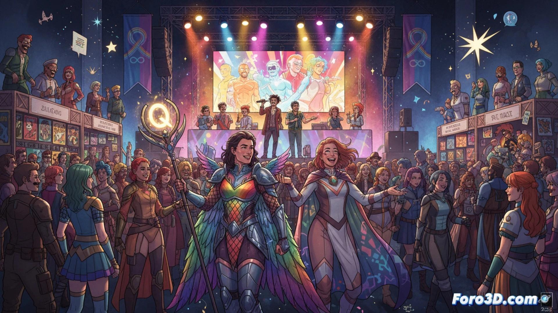 Una colorida convención queer de cómics con artistas, paneles y cosplayers vibrantes.