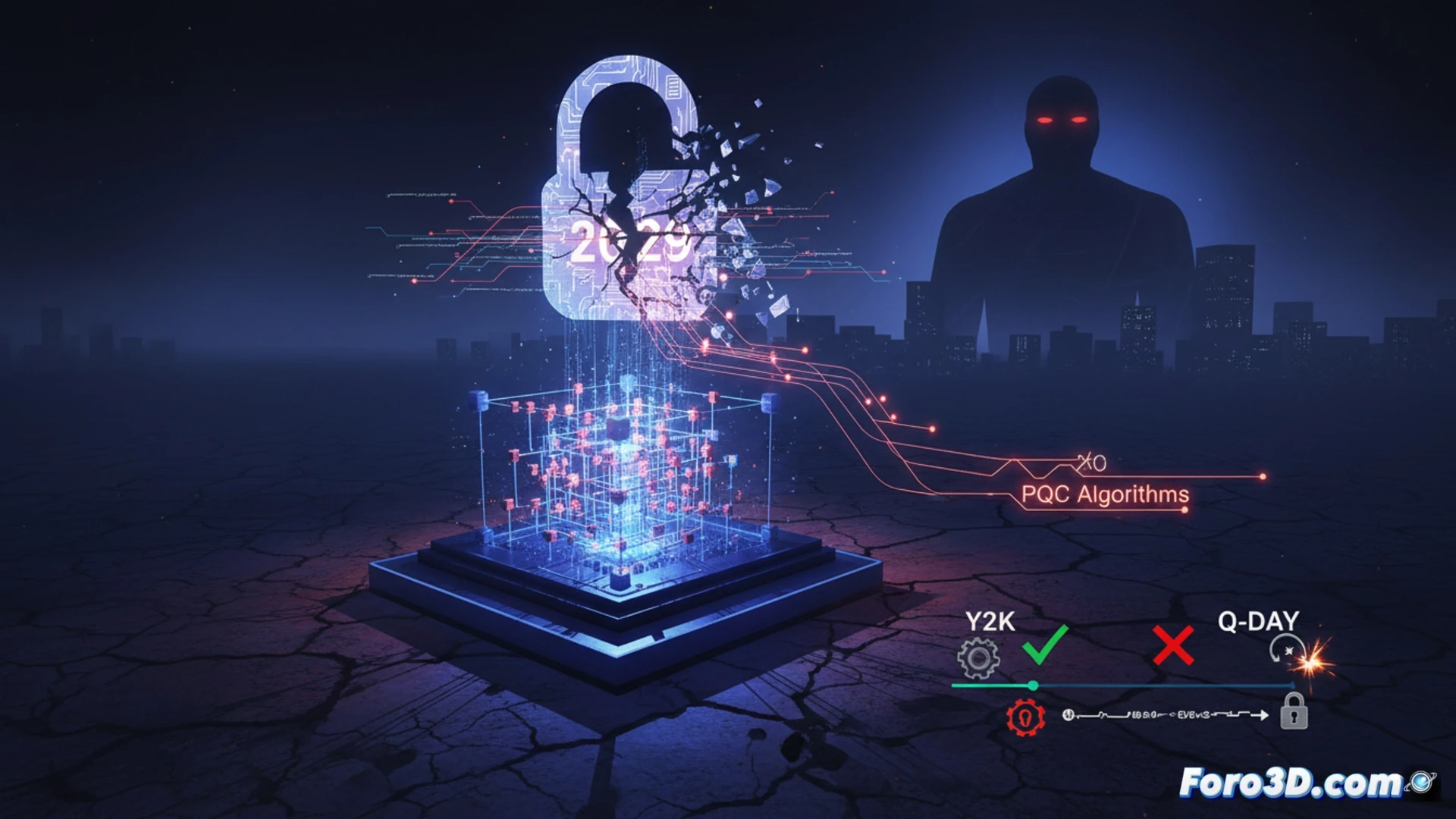 Un ordenador cuántico rompiendo un candado digital, simbolizando la ruptura de la criptografía actual.