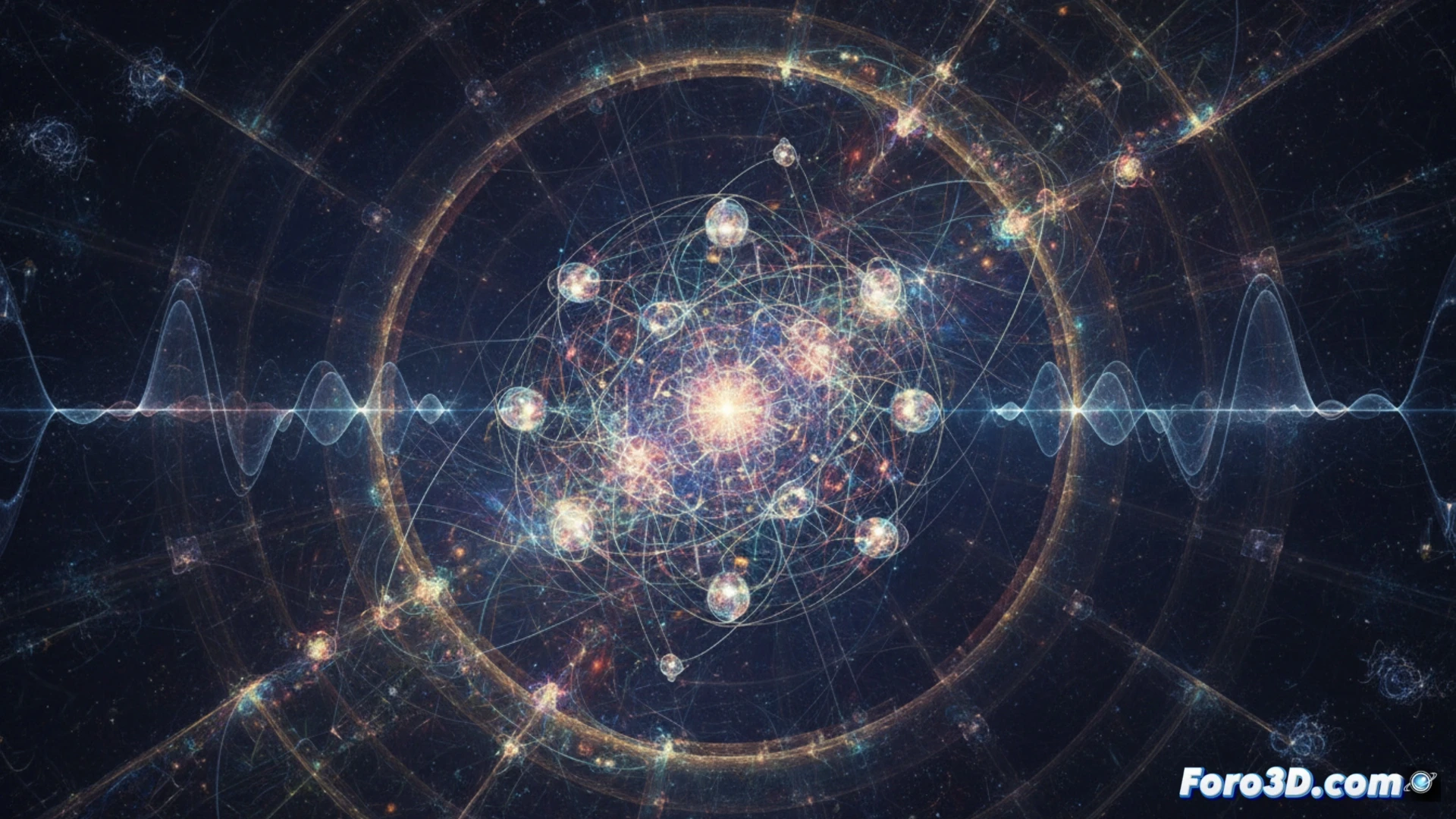 DESCRIPCIÓN: Un cubo translúcido brillante contiene partículas borrosas y un gato de Schrödinger difuso; detrás, capas de realidad más profundas y extrañas.