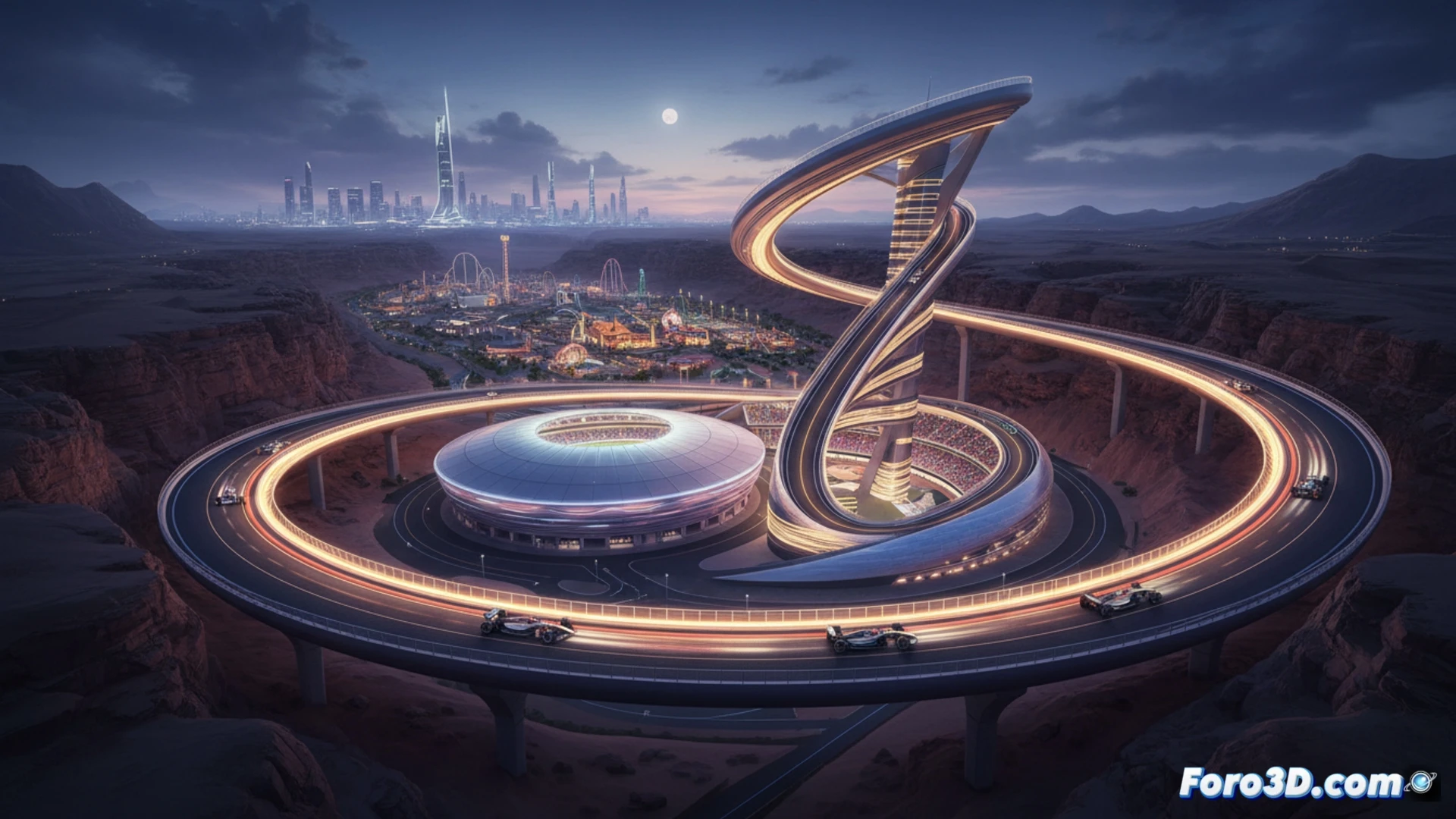 Representación 3D del futurista circuito Qiddiya Speed Park, destacando la curva elevada The Blade sobre el desierto.