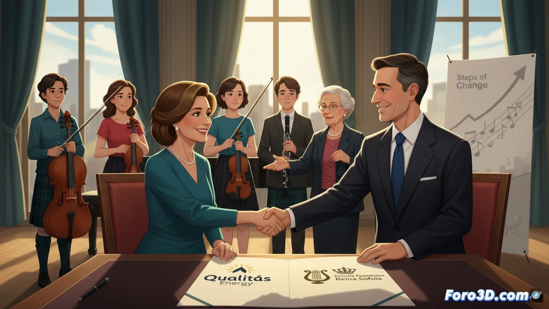 Un quinteto de cámara ensaya en un auditorio, patrocinado por Qualitas Energy para apoyar el talento joven.