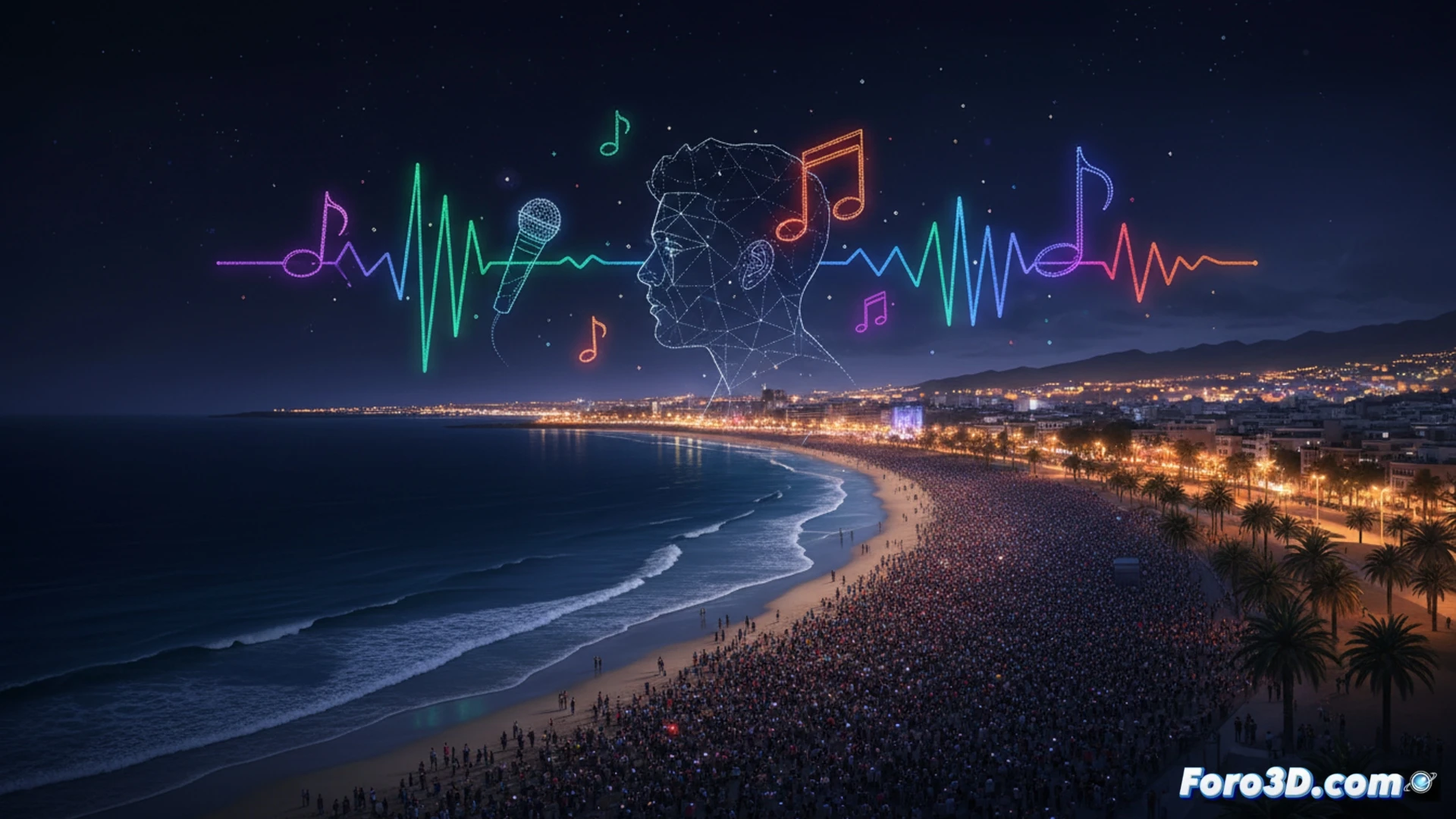 Una noche estrellada sobre la playa de Las Canteras; 300 drones forman el rostro de Quevedo y un micrófono brillante sobre el mar.