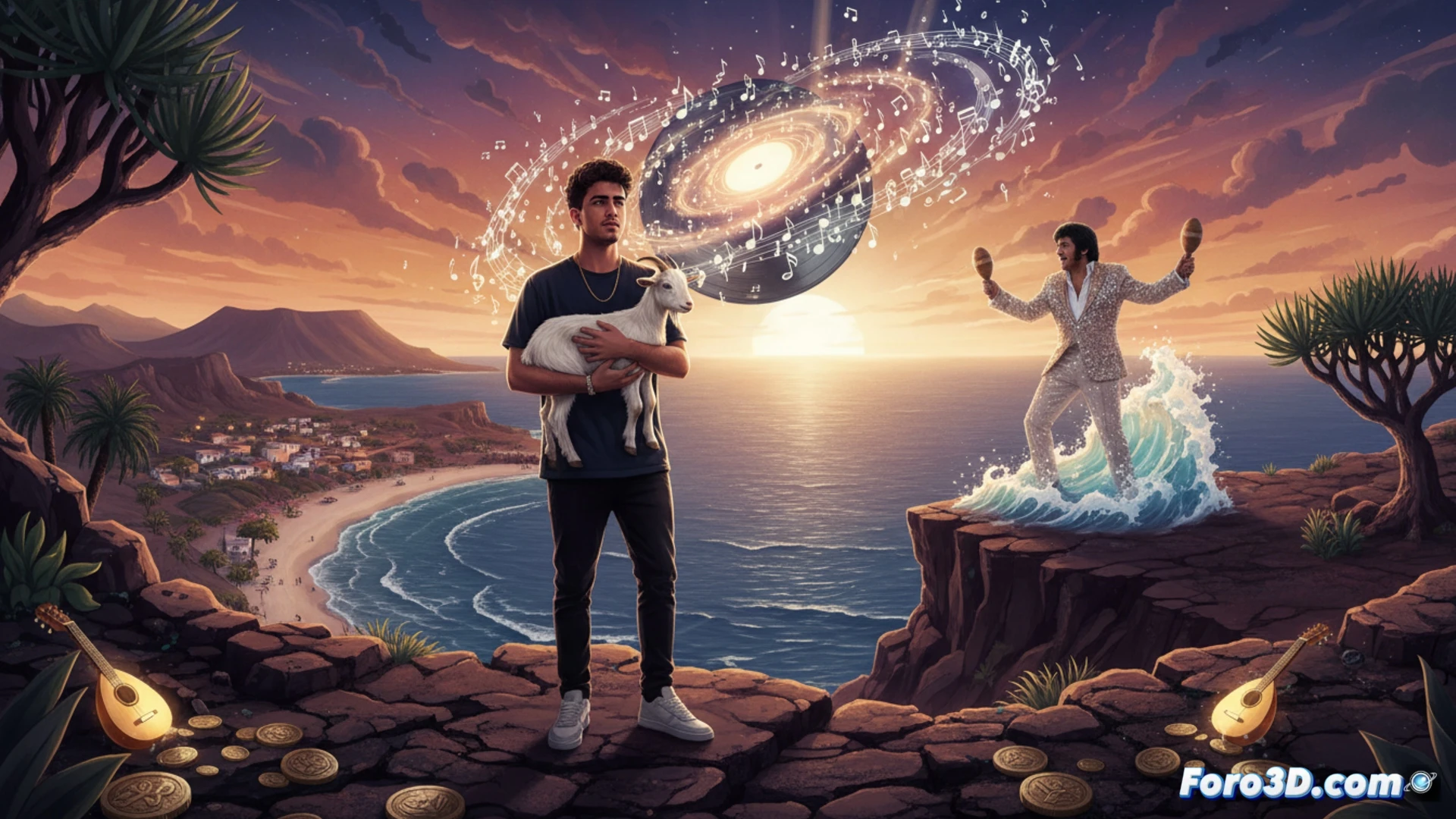 Quevedo, con auriculares y camiseta canaria, sostiene el disco El Baifo entre nubes y palmeras.