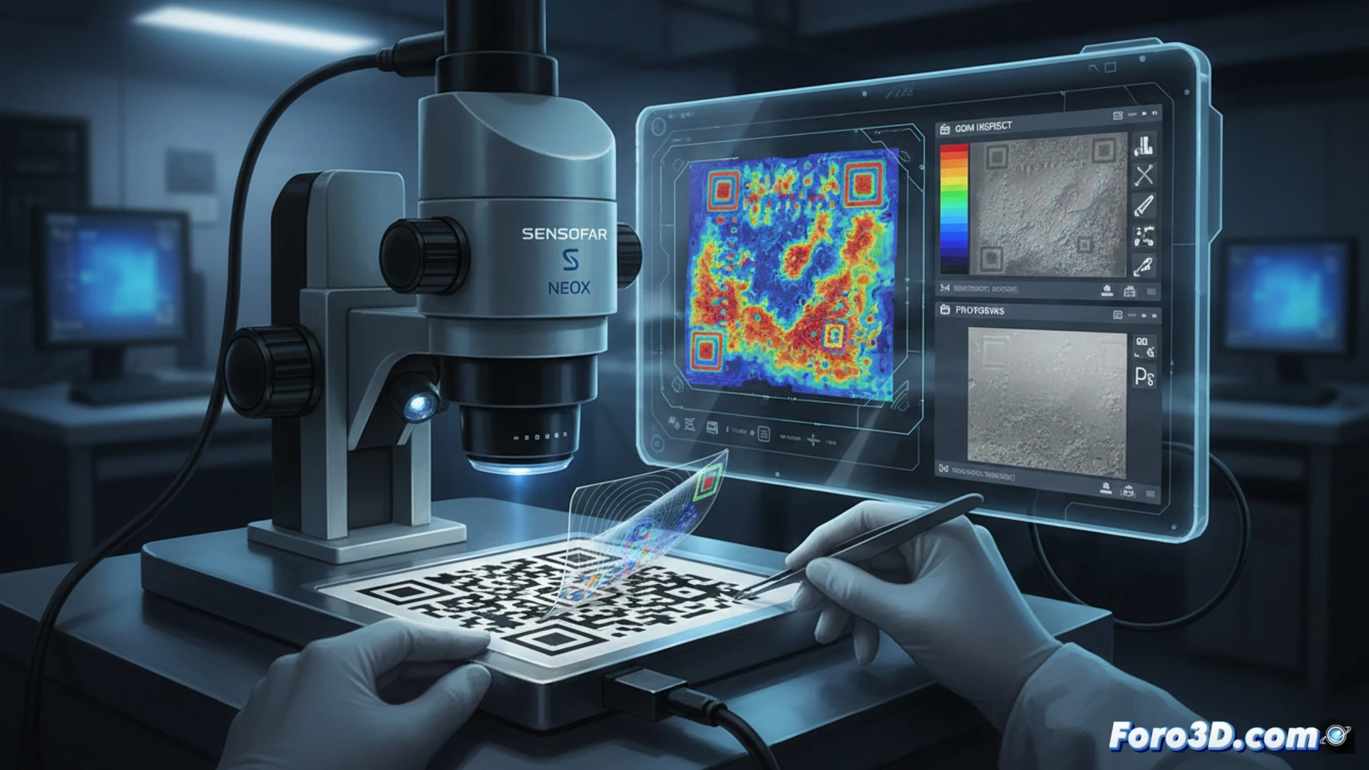 Perfilado 3D de pegatina QR fraudulenta sobre superficie de parking, mostrando relieve del adhesivo