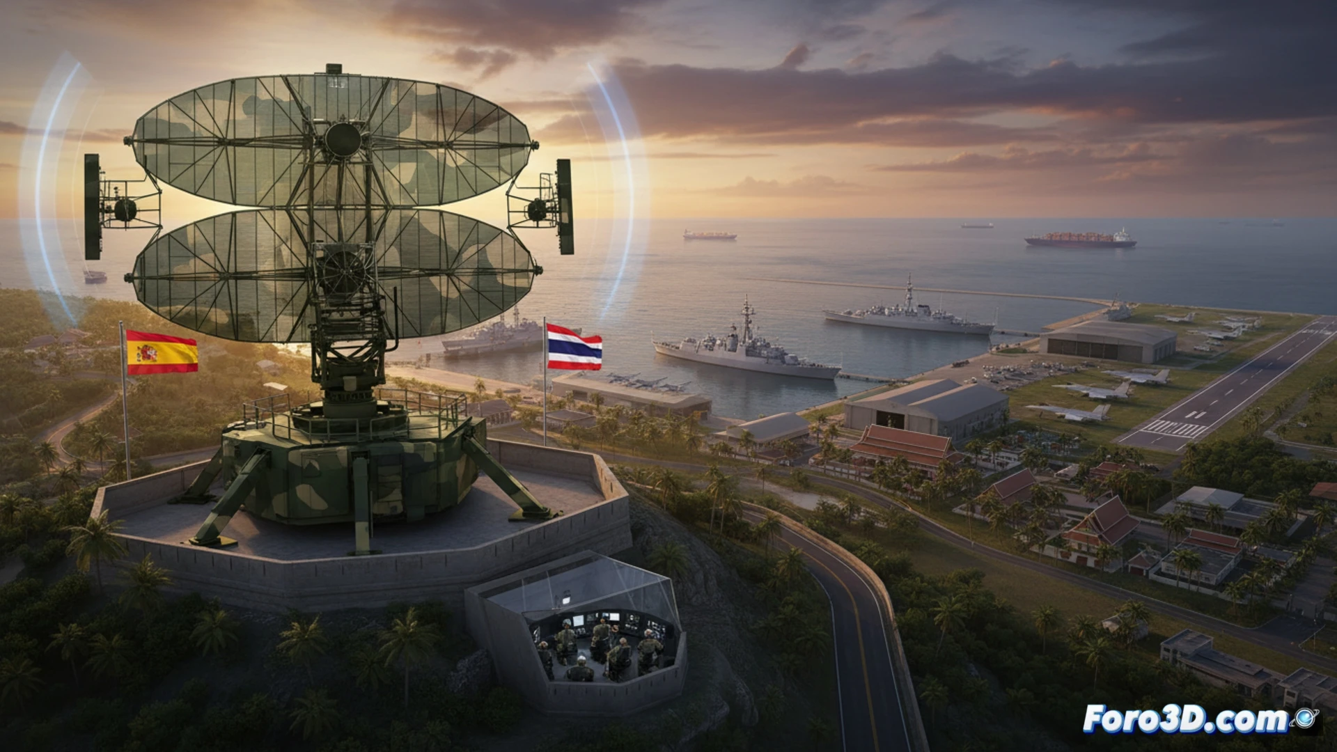 Radar español Lanza 3D vigilando la base naval de Sattahip, Tailandia, al atardecer.