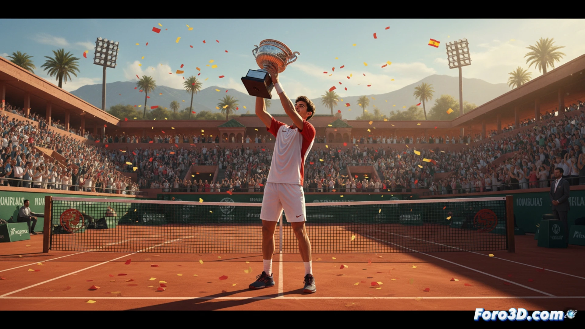 Joven tenista español celebra su primer título ATP en Marrakech, levantando el trofeo con gesto triunfal.