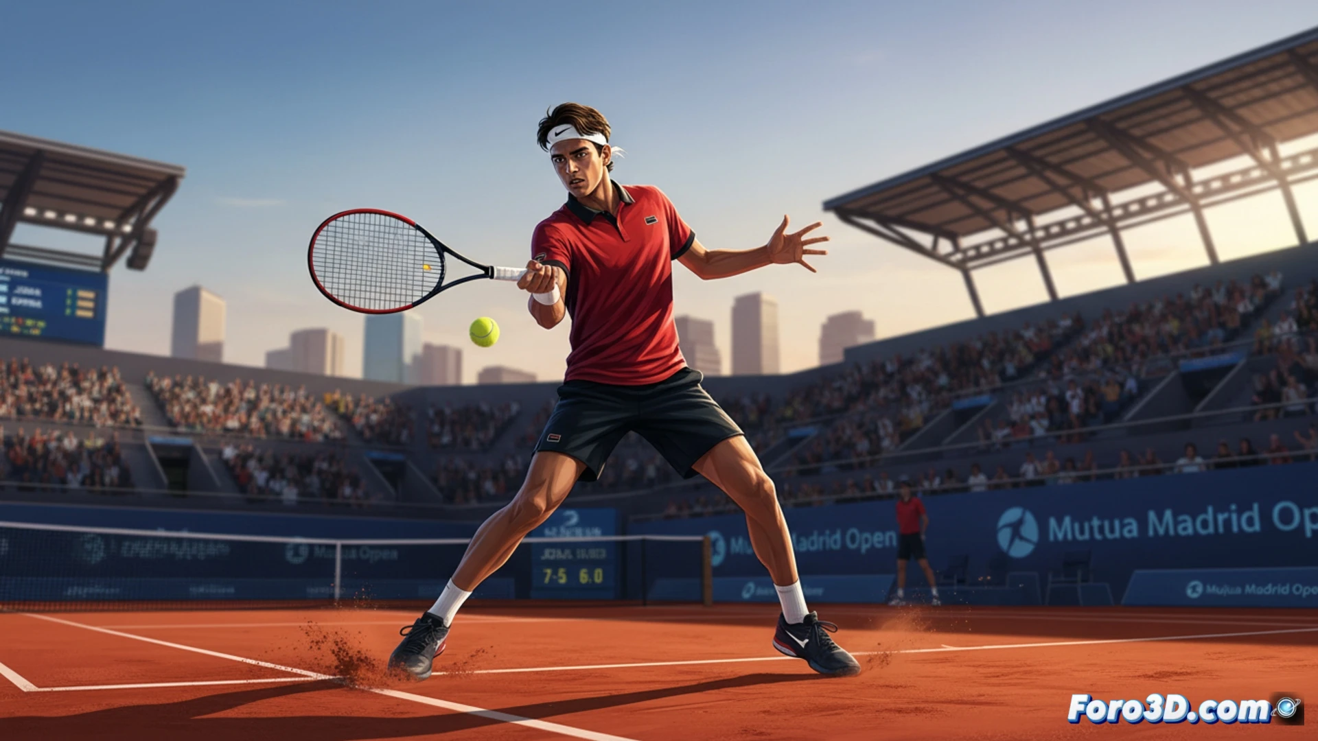 Rafa Jódar celebra su victoria en tierra batida, raqueta en alto, con el público del Mutua Madrid Open vitoreando al fondo.