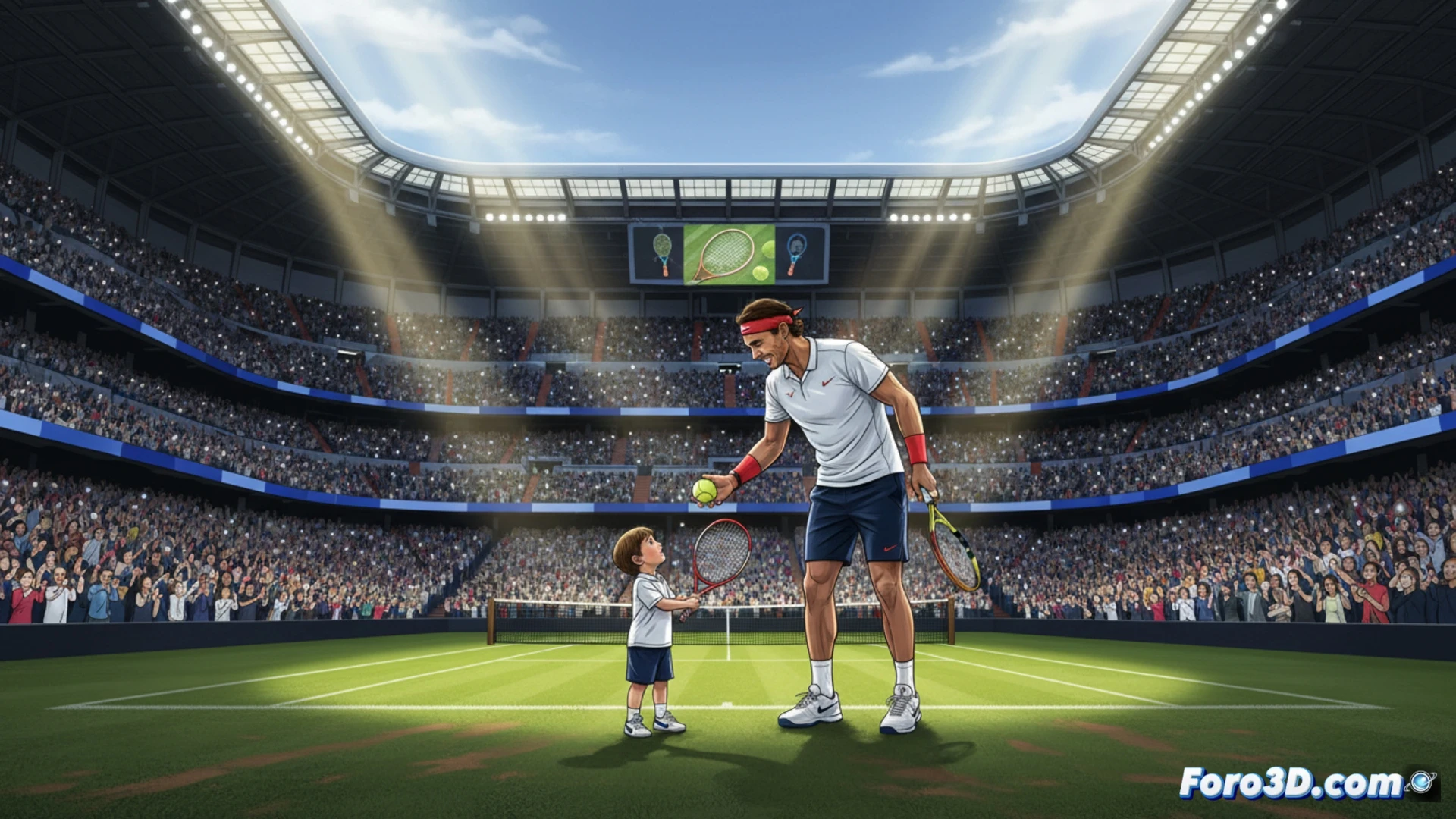 Rafa Nadal, raqueta en mano, juega al tenis con su hijo pequeño en el césped del Bernabéu, bajo la atenta mirada del público.