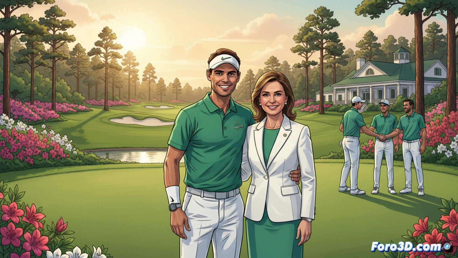 Rafa Nadal y Ana Patricia Botín caminan por el césped de Augusta, charlando durante el exclusivo Masters de golf.