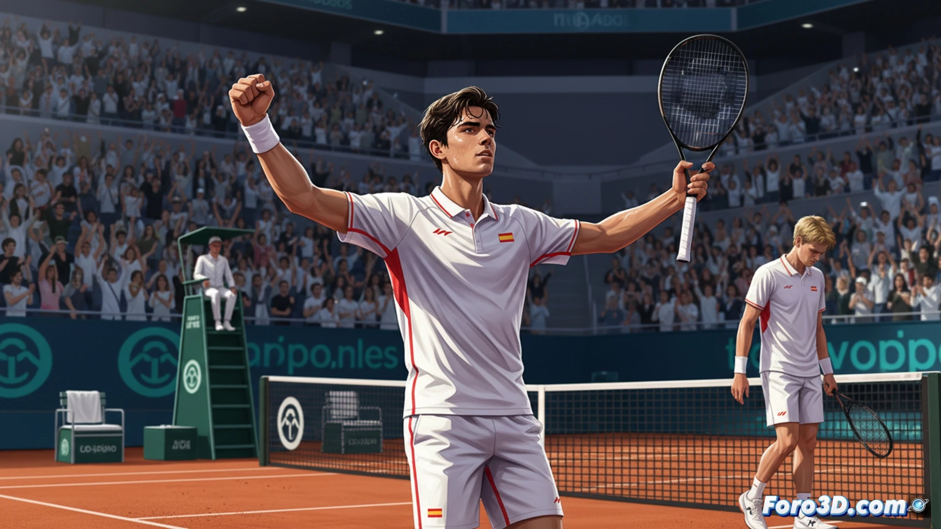 Un tenista español celebra su victoria tras remontar un partido en la pista central de Madrid.