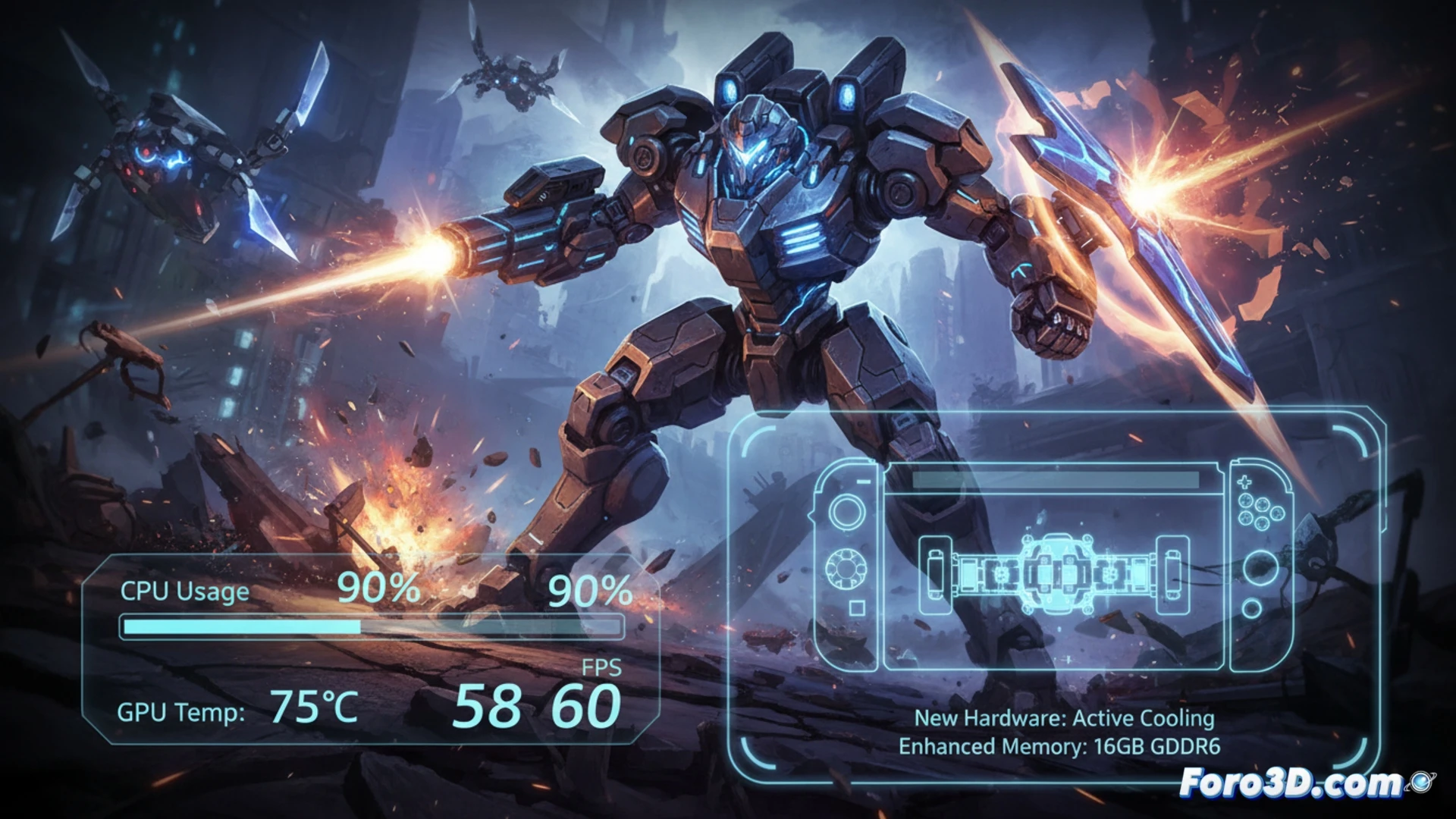 Una captura de pantalla del juego RAGMATA en Nintendo Switch 2, mostrando gráficos nítidos y efectos visuales detallados en una escena de acción y estrategia.