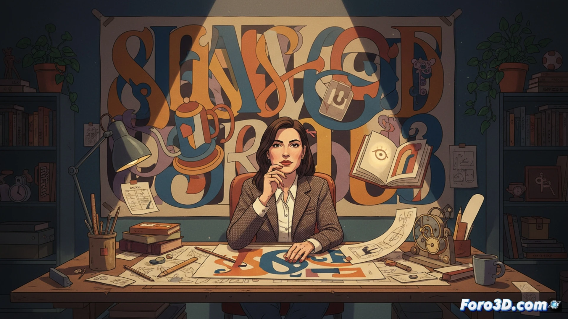 Una diseñadora rodeada de bocetos imperfectos y herramientas artesanales, en un estudio desordenado que celebra la lentitud creativa frente a pantallas con diseños genéricos.