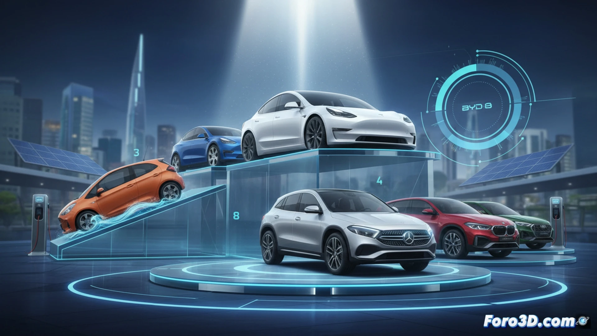 Gráfico de barras con los 5 coches eléctricos más vendidos en España 2026. Tesla lidera, seguido de BYD y marcas premium alemanas.