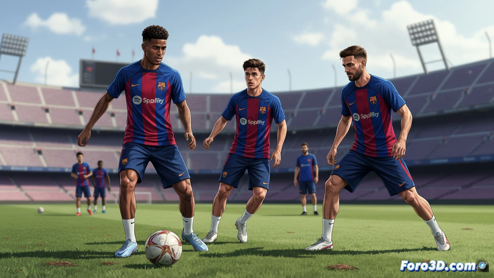 Tres futbolistas del Barça, Raphinha, Bernal y Christensen, entrenan sonrientes en el césped, listos para Osasuna.