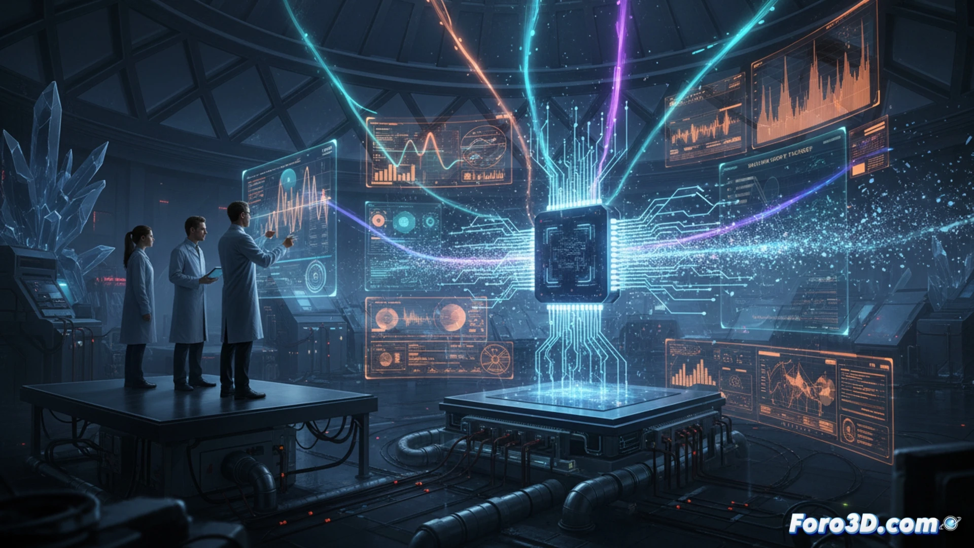 Representación 3D de un qubit en un chip semiconductor, mostrando el rastreo de su decaimiento cuántico en tiempo real.