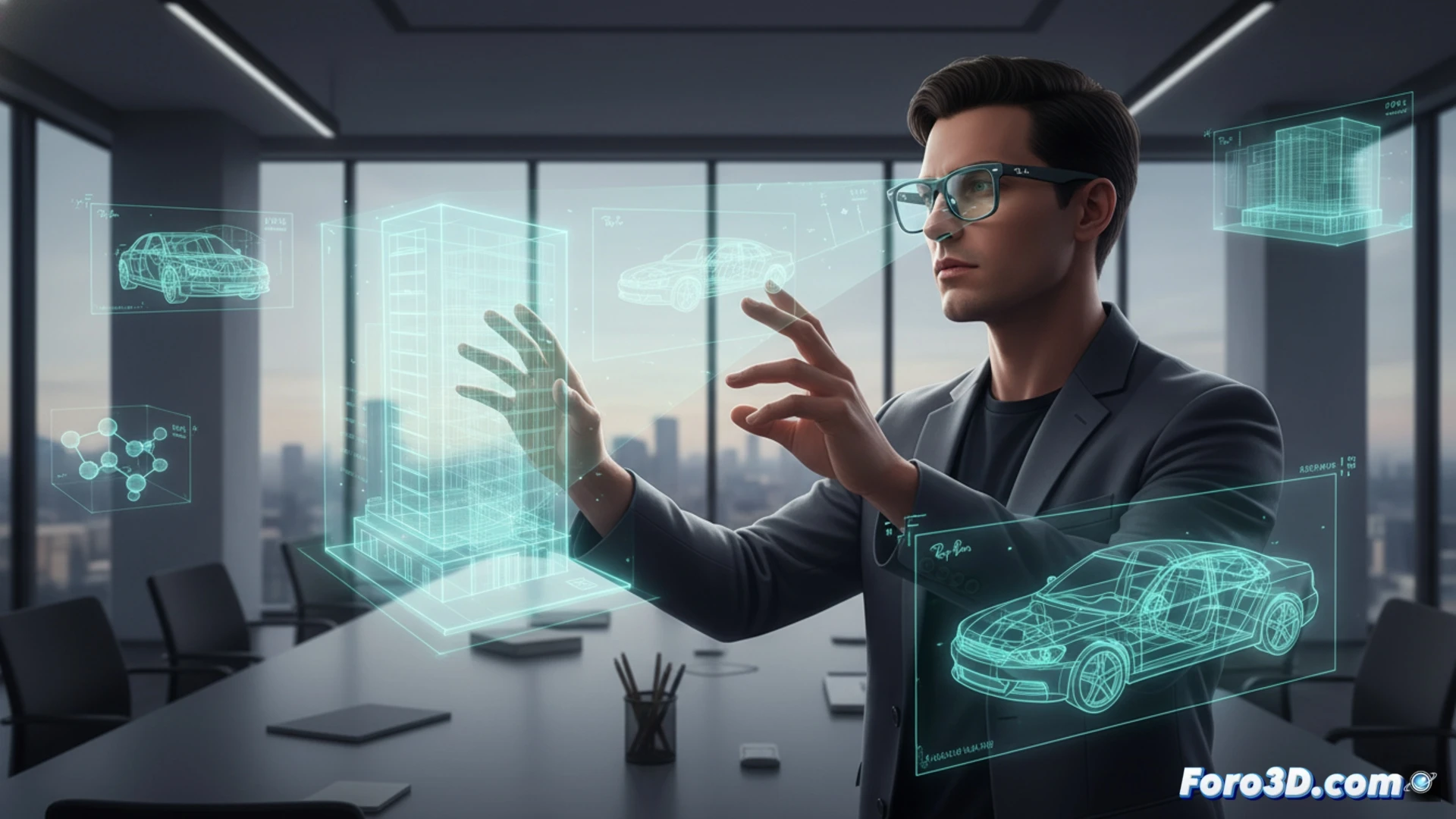 Gafas Ray-Ban Meta Gen 2 mostrando un modelo 3D de un motor flotando sobre la mano de una persona.