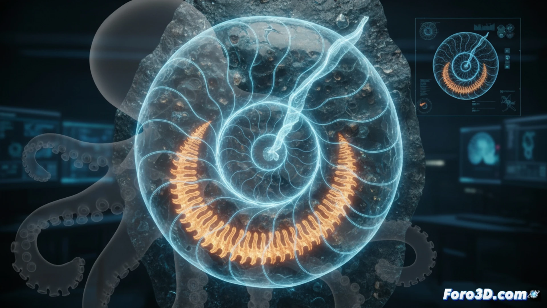 Reconstrucción 3D de un fósil de cefalópodo basada en datos de microtomografía de rayos X, mostrando su estructura interna.